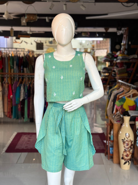 Blue Green sleeveless crop top / blouse -  hand embroidered handwoven cotton