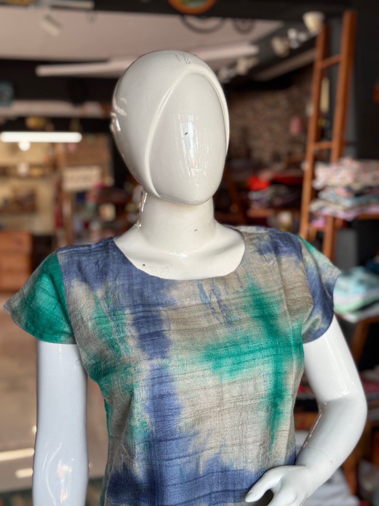 Green and blue clamp dyed handwoven tussar silk straight cuts kurta with short sleeves