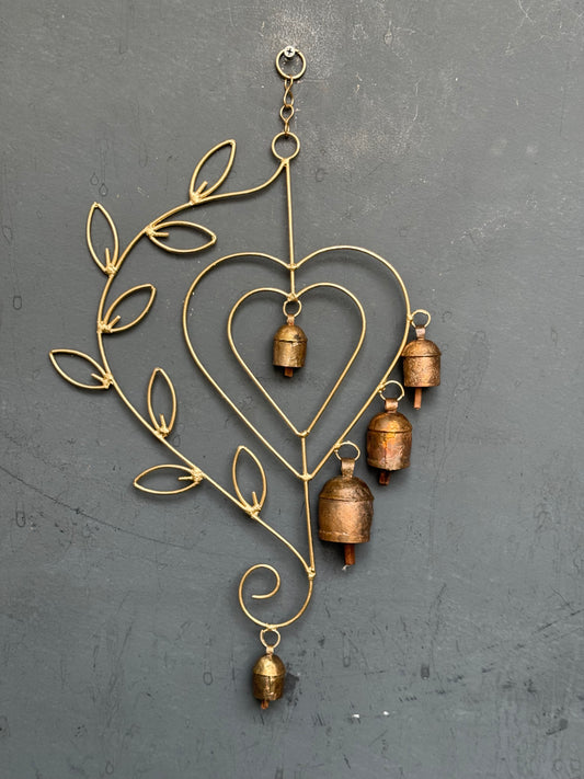 Double walled heart with leaves around - copper handcrafted 5 bells hanging