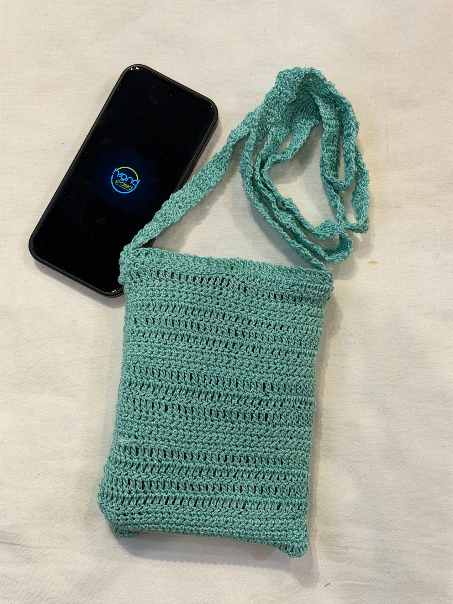 Sling bag for mobile phones - handcrafted crochet bag with click button closure - color options available