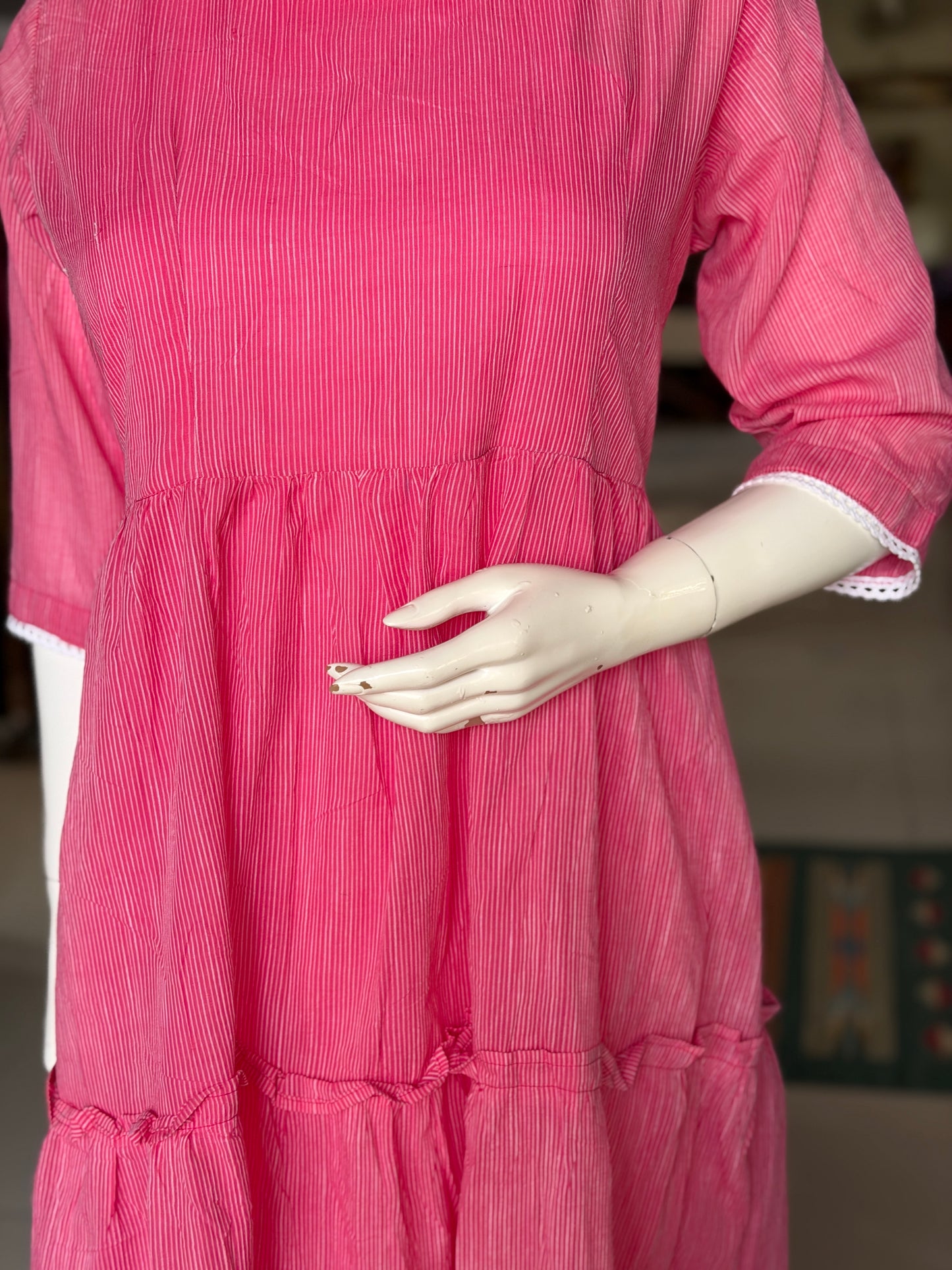 Pink with white stripes handloom cotton multi tiered dress with band collared neck