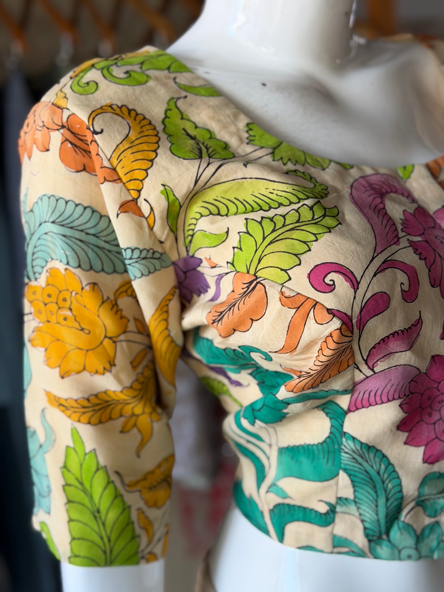 Colorful leaves and flowers - Cream Pen Kalamkari hand painted silk blouse