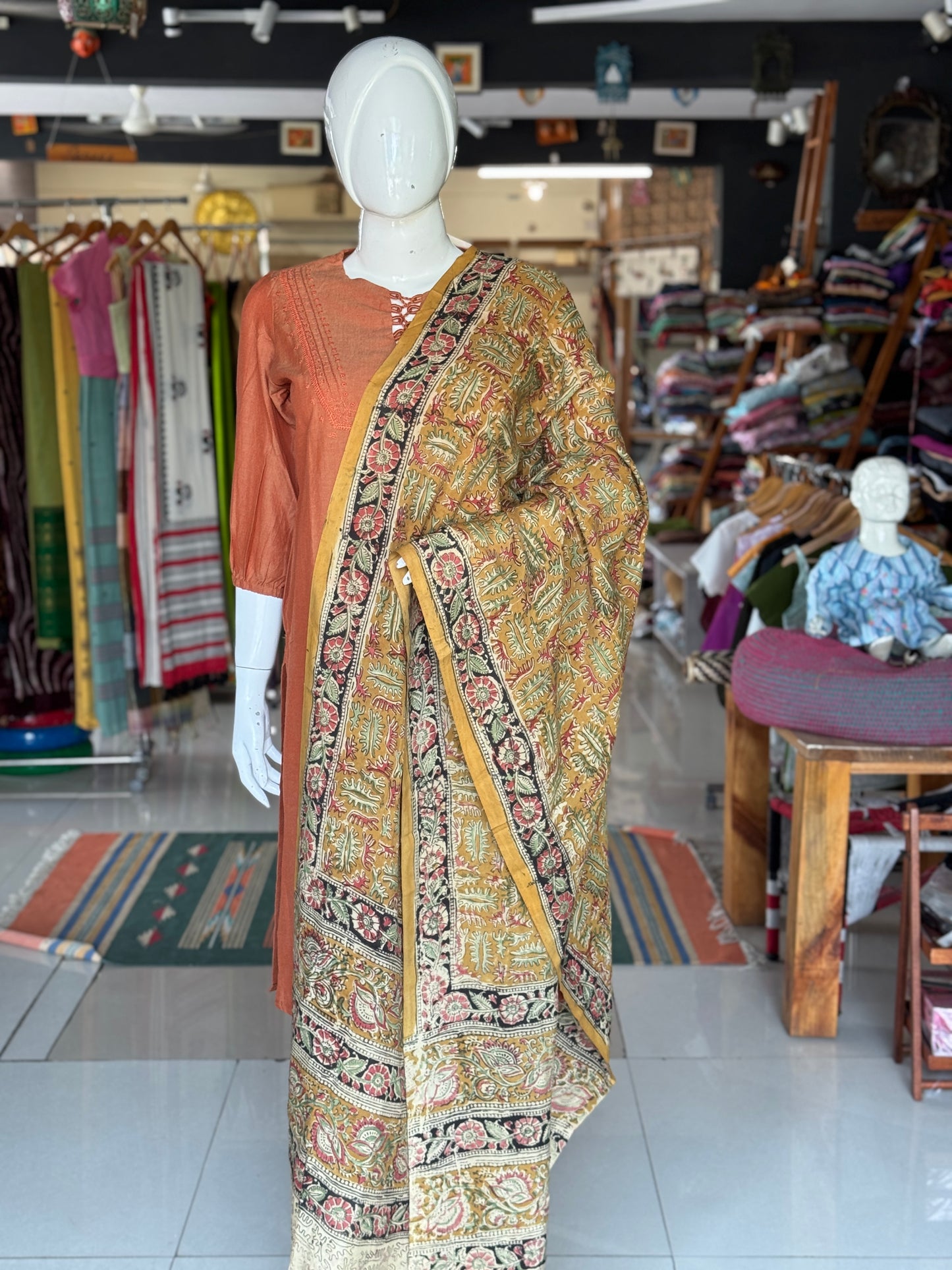 Mustard with leaves design  Kalamkari handpainted on silk dupatta