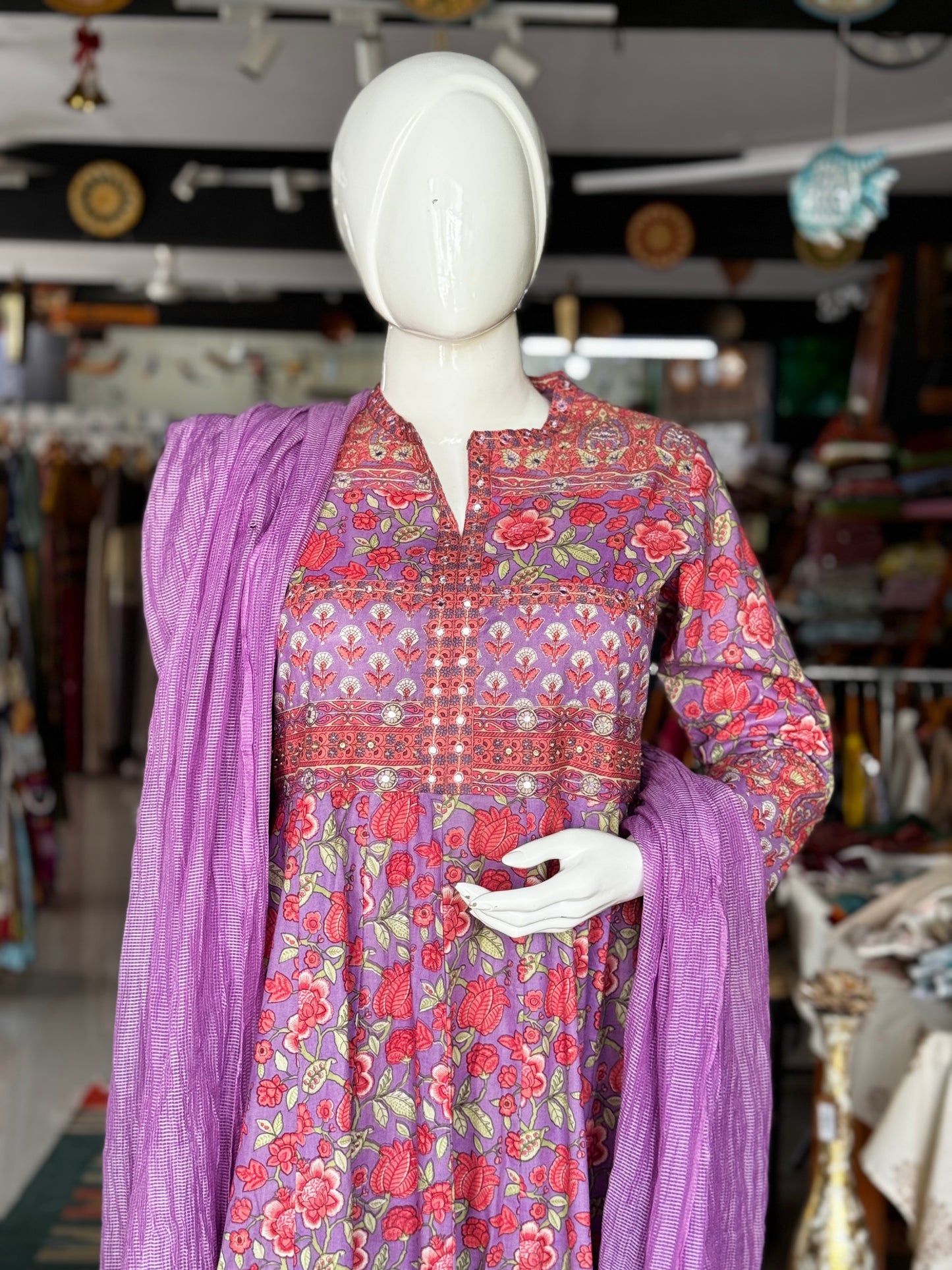 Lilac cotton anarkali Kurti, pants and dupatta - 3 piece set