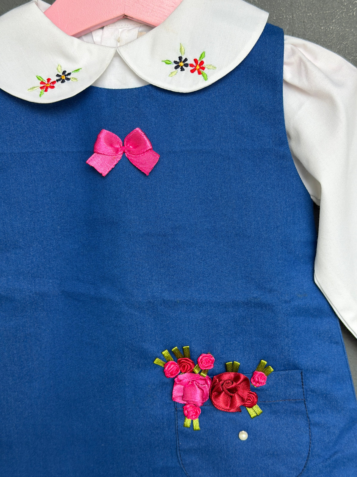 Ink Blue denim frock for girls with embroidery and white Peter Pan embroidered collared full sleeves shirt - 2 piece set