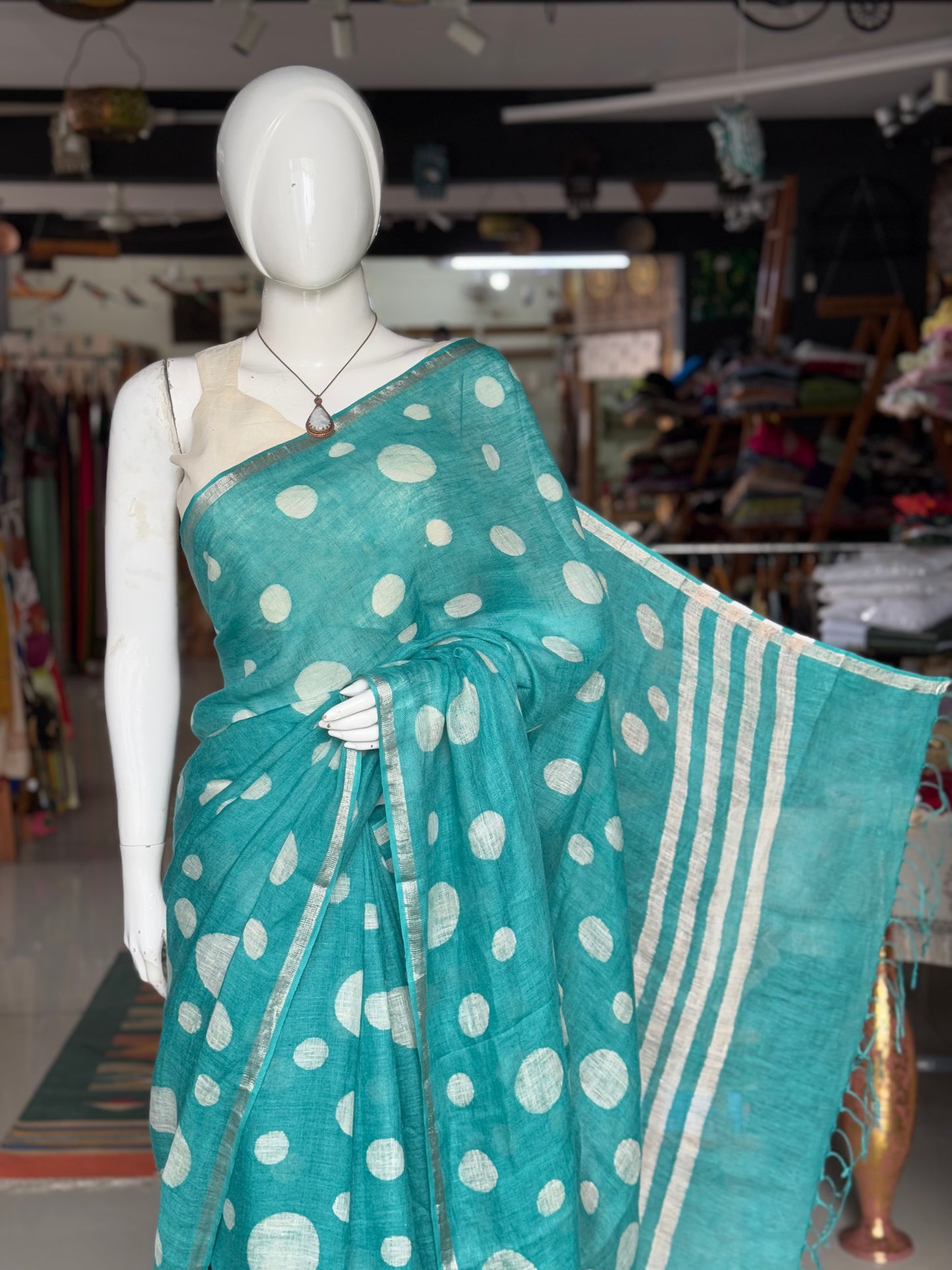 Sea green circles design hand batik linen saree