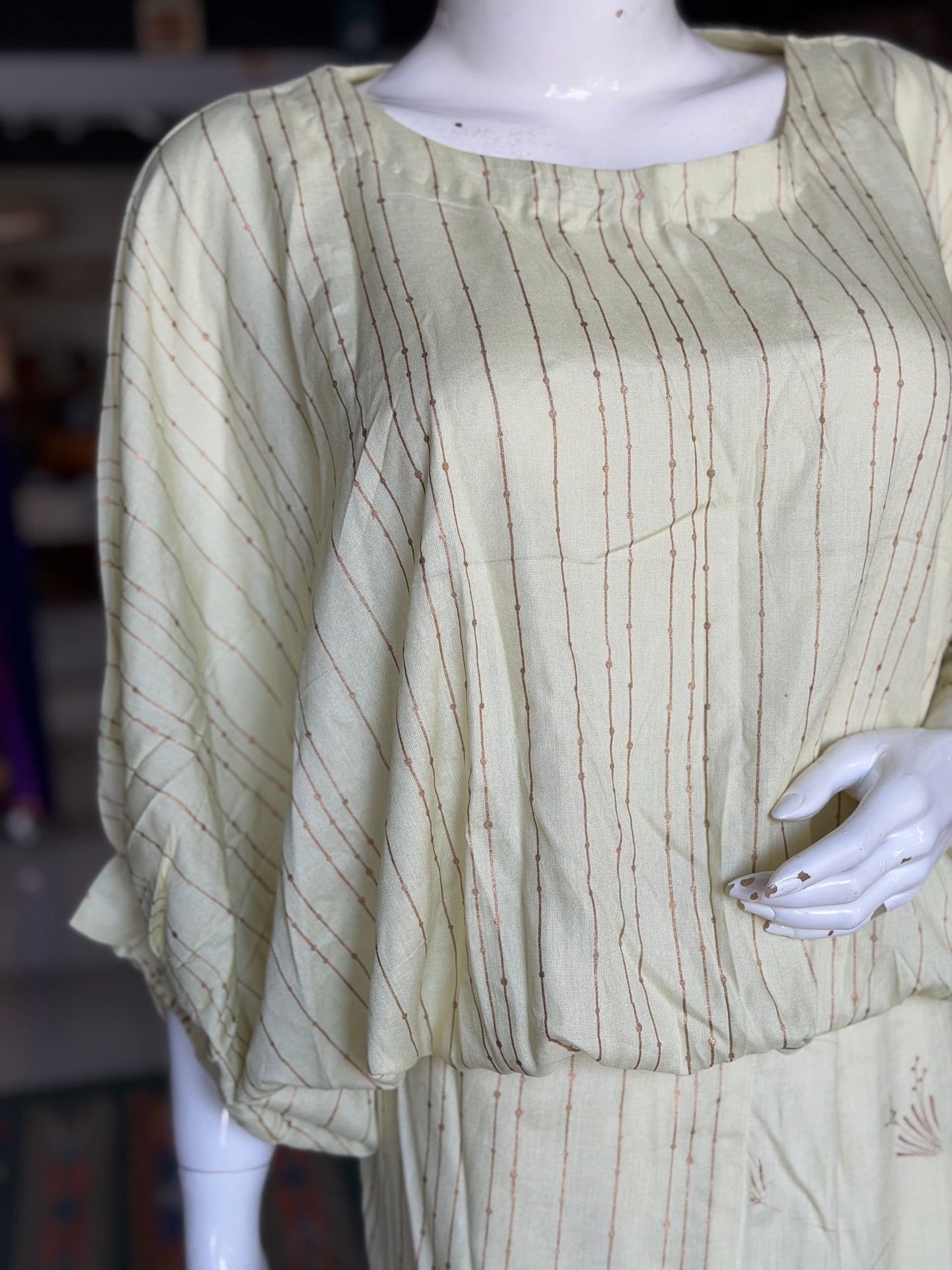 Yellow with golden stripes shoulder sleeves top with blue green lines - elastic hem