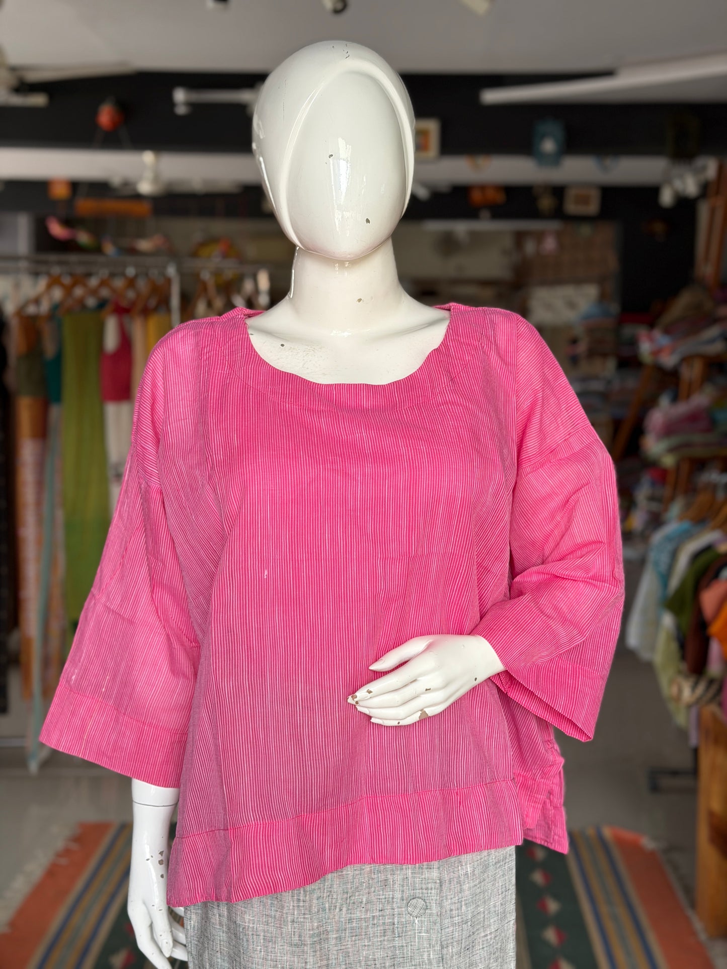 Pink n white fine stripes handwoven boxy cotton top - relaxed fit