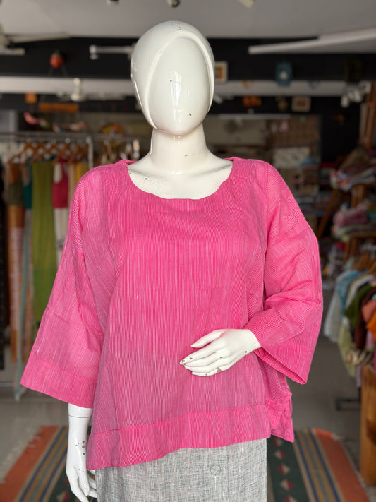 Pink n white fine stripes handwoven boxy cotton top - relaxed fit