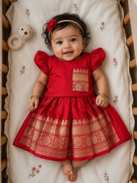 Red handwoven pure silk lehenga (pattu langa jacket) blouse set