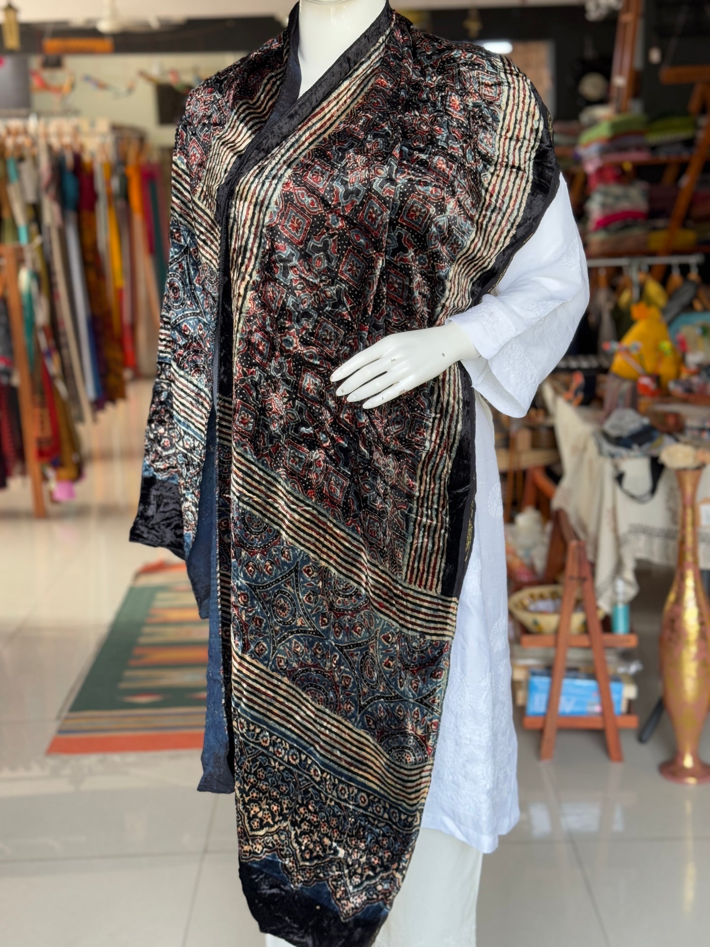 Luxurious Ajrakh hand block printed velvet stole