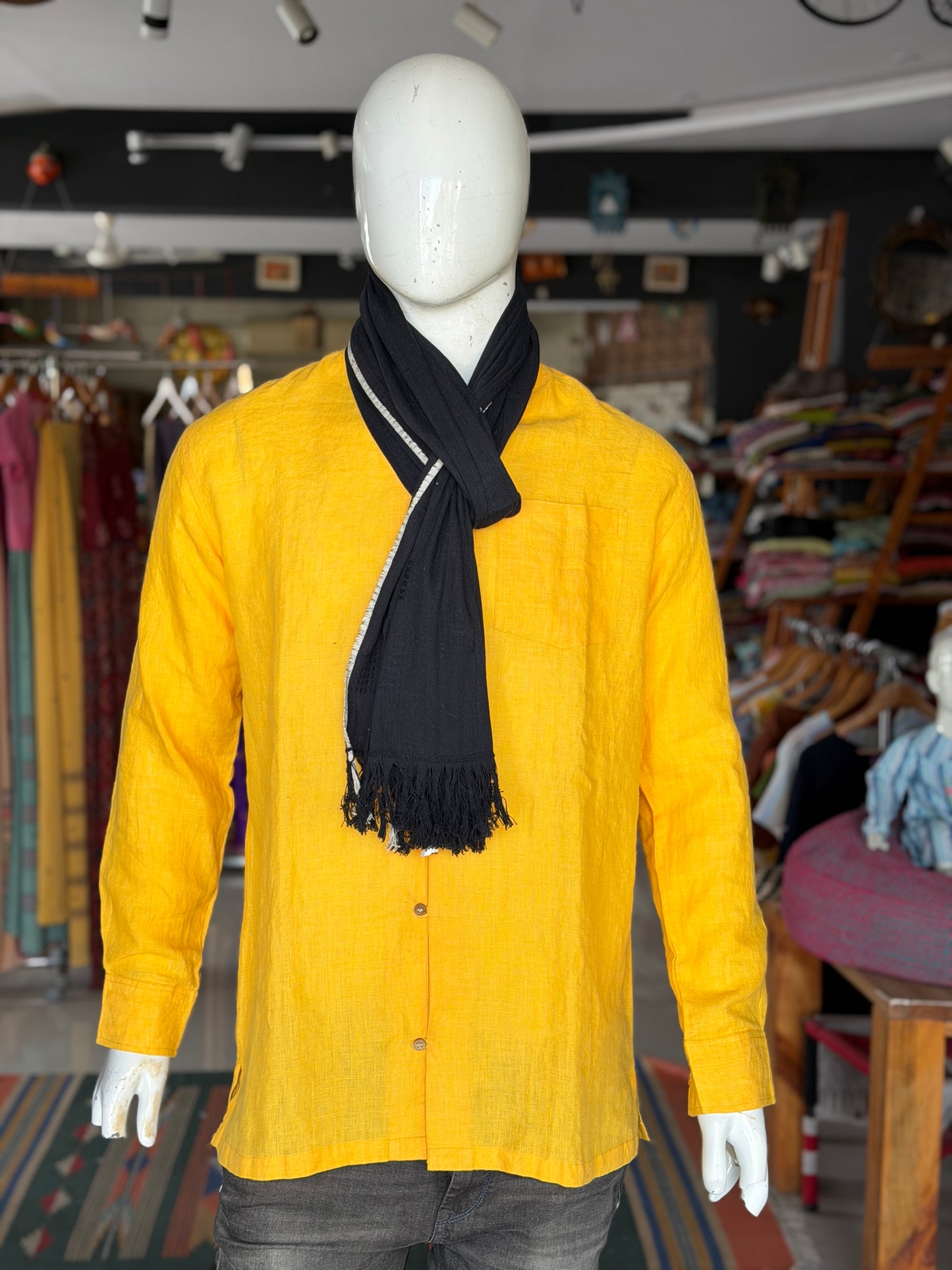 Bright yellow handwoven linen band collared shirt for men
