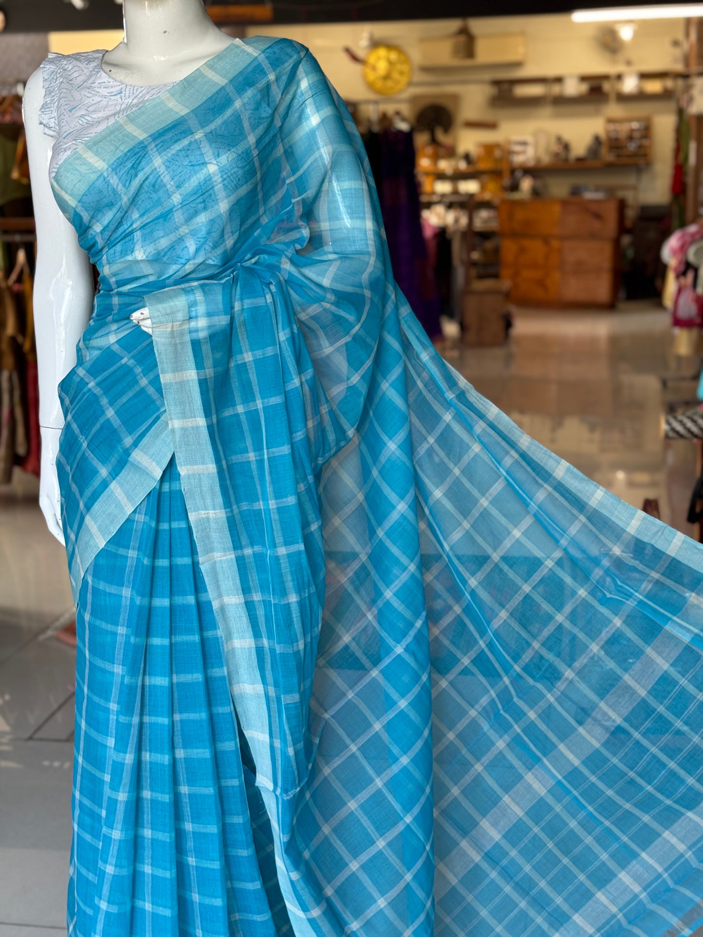 Checkered light weight soft handloom Bobbili cotton saree - multiple colors available