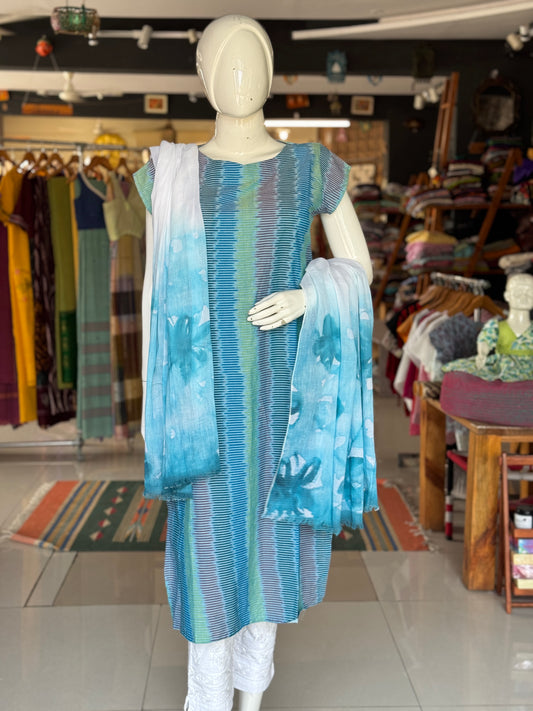 White and sky blue handpainted mul cotton dupatta