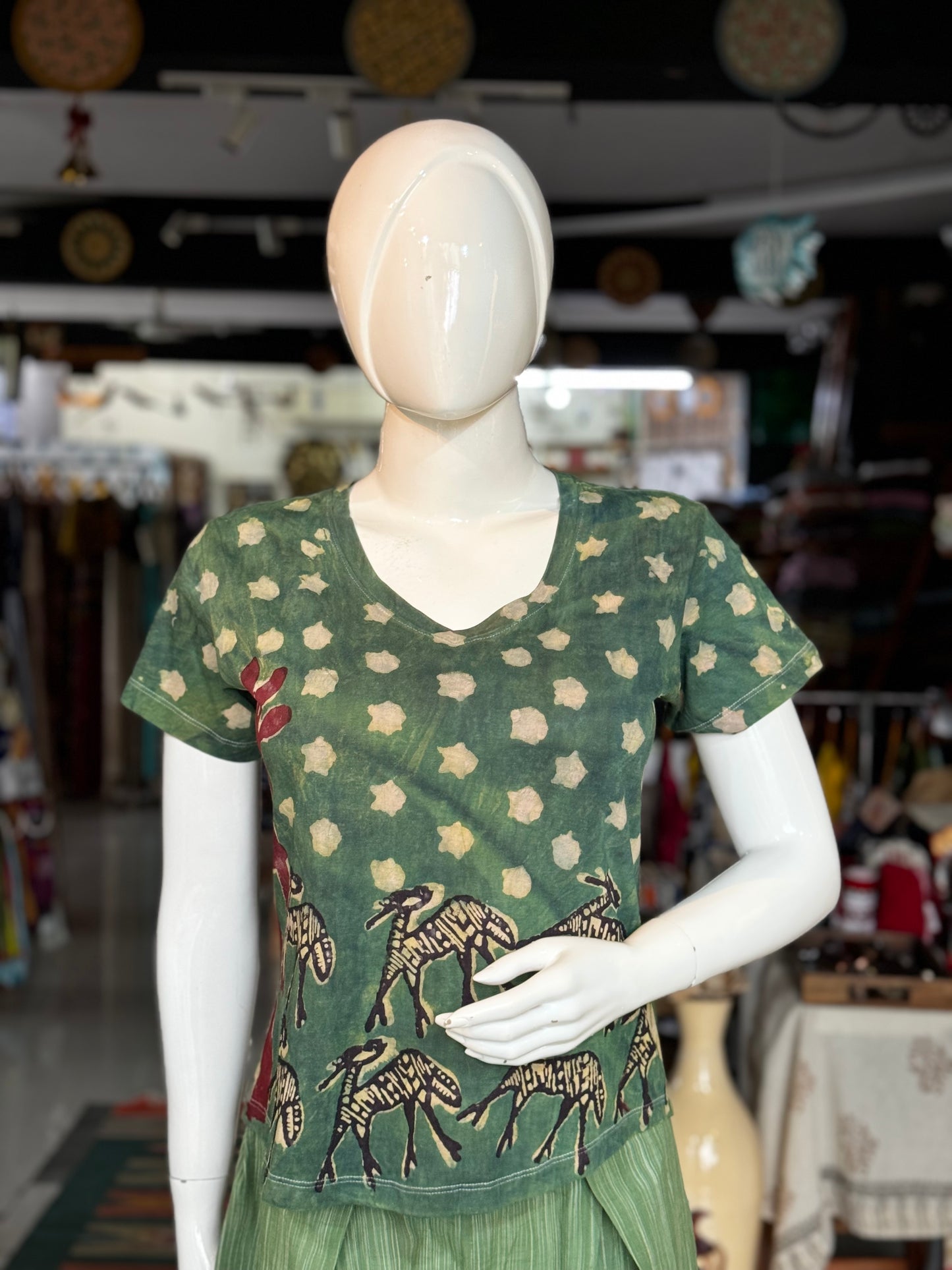 Green stars and deers cotton hand block printed , natural dyed tshirt for women