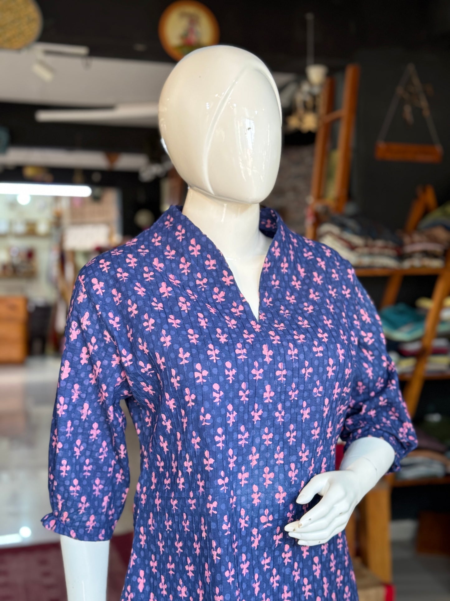 Violet with pink floral hand block prints pintucks cotton top with standing collar