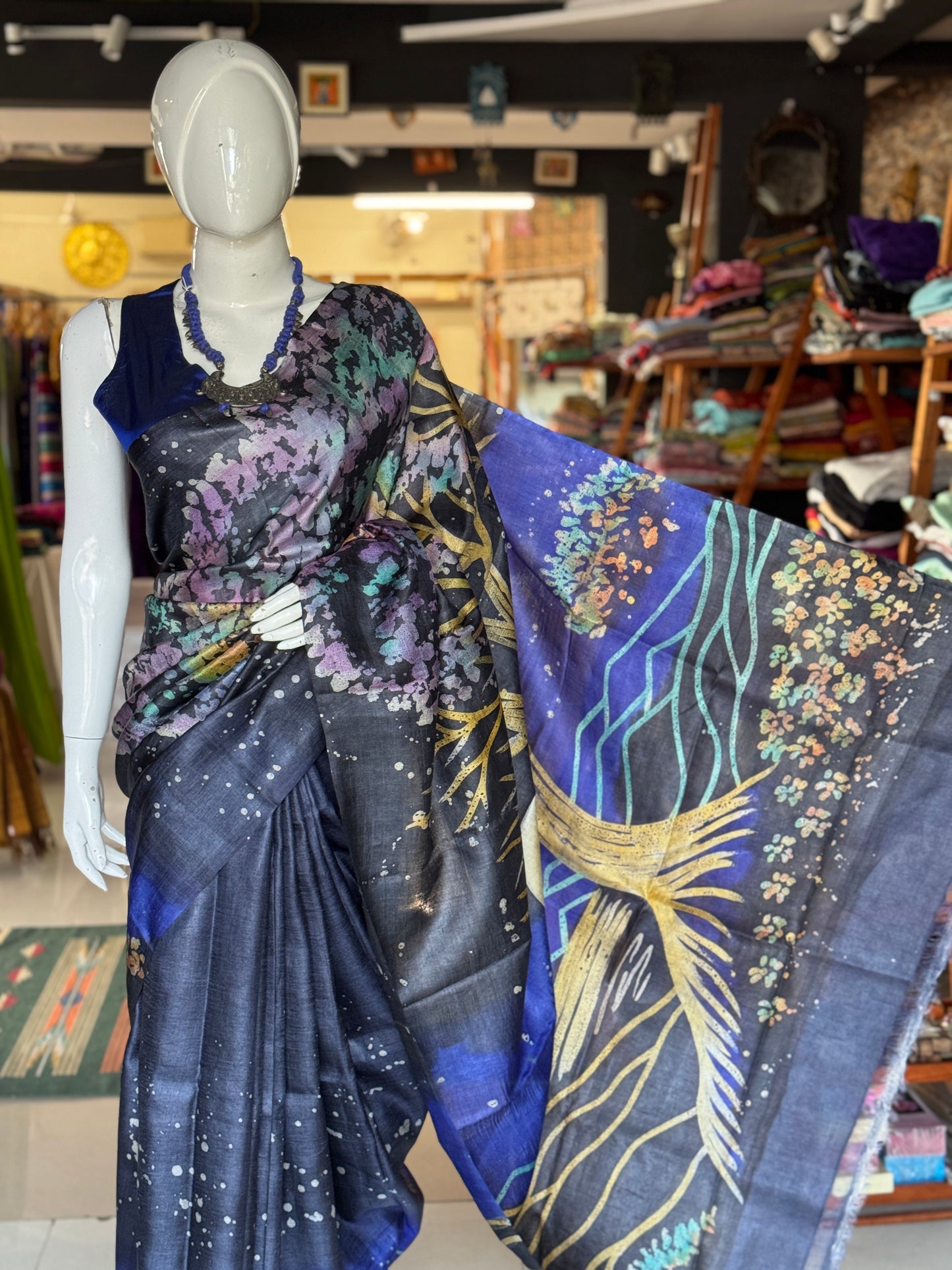 Navy Blue and Royal blue hand painted pure tussar silk saree - big tree on the palla