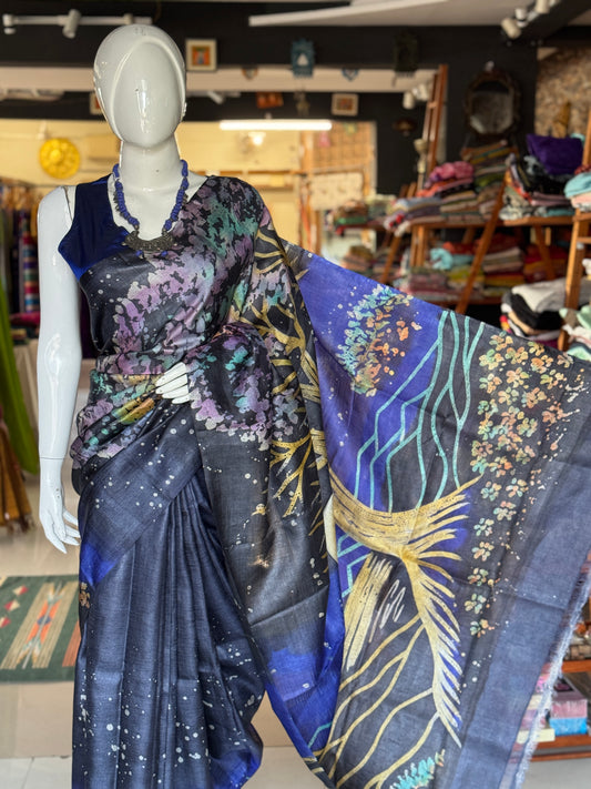 Navy Blue and Royal blue hand painted pure tussar silk saree - big tree on the palla