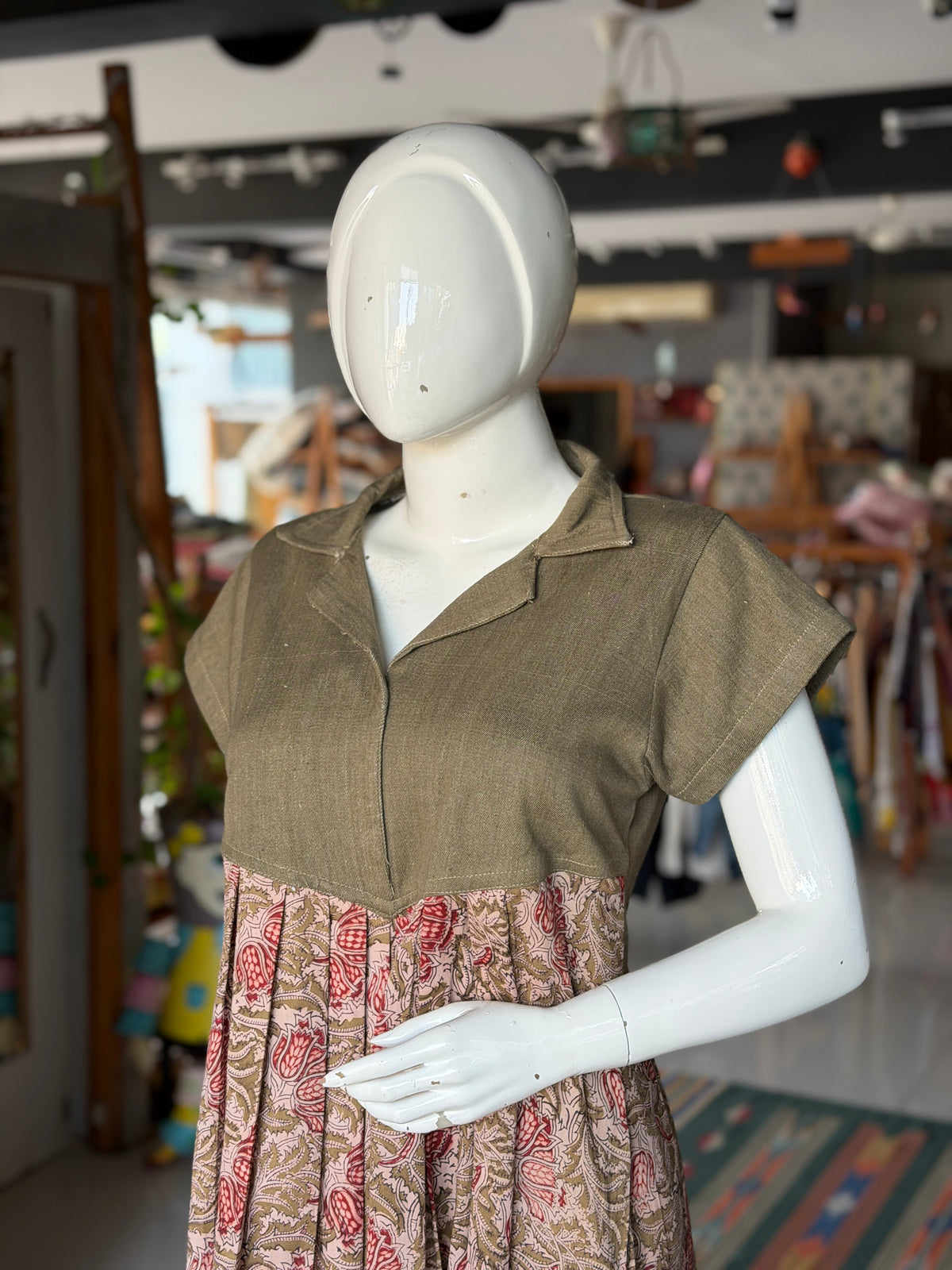 Green denim weave cotton hand woven playful shirt look dress with Kalamkari hand block prints