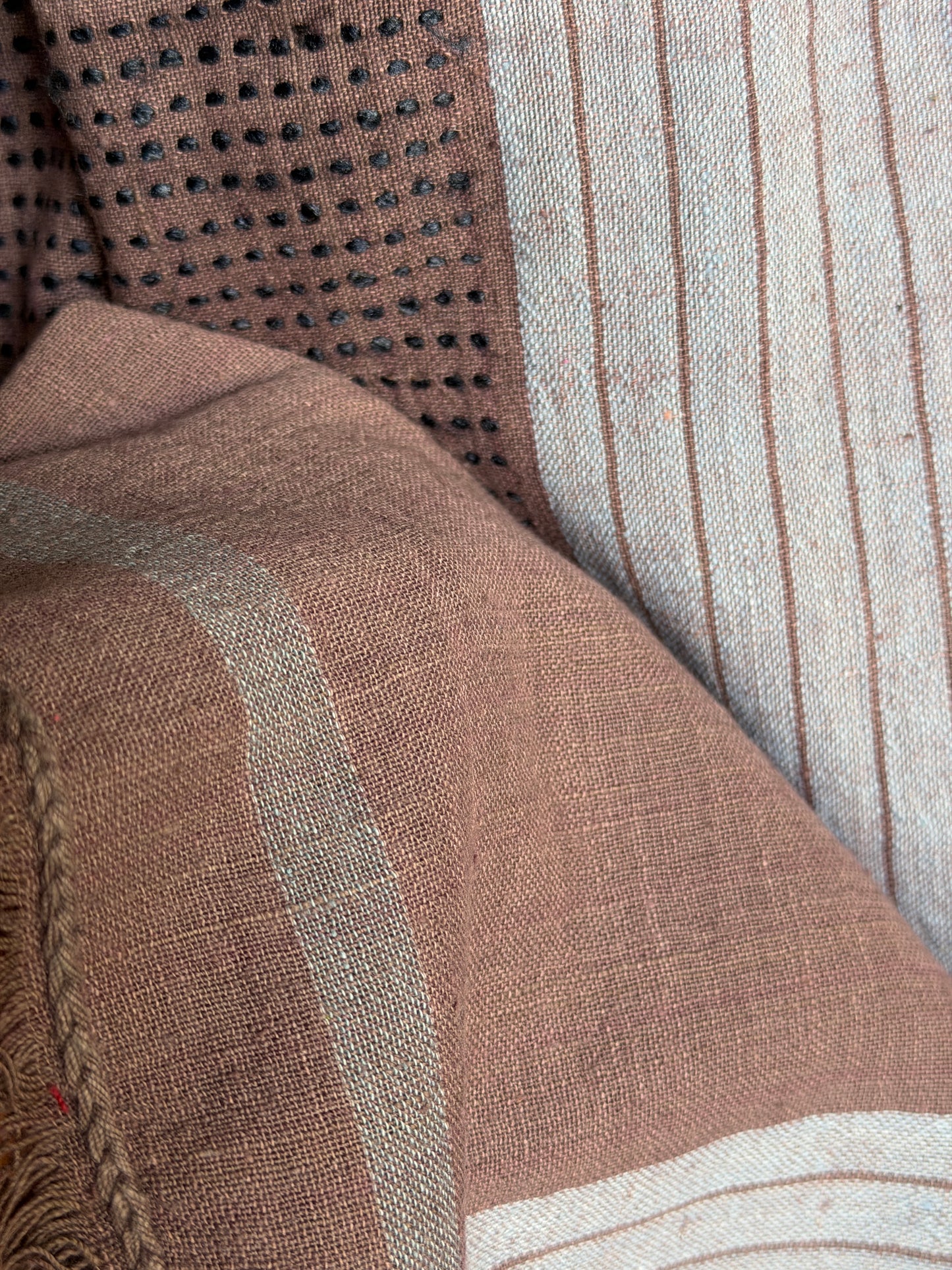 Aubergine and pink hand spun, hand woven cotton dupatta with blue woven lines