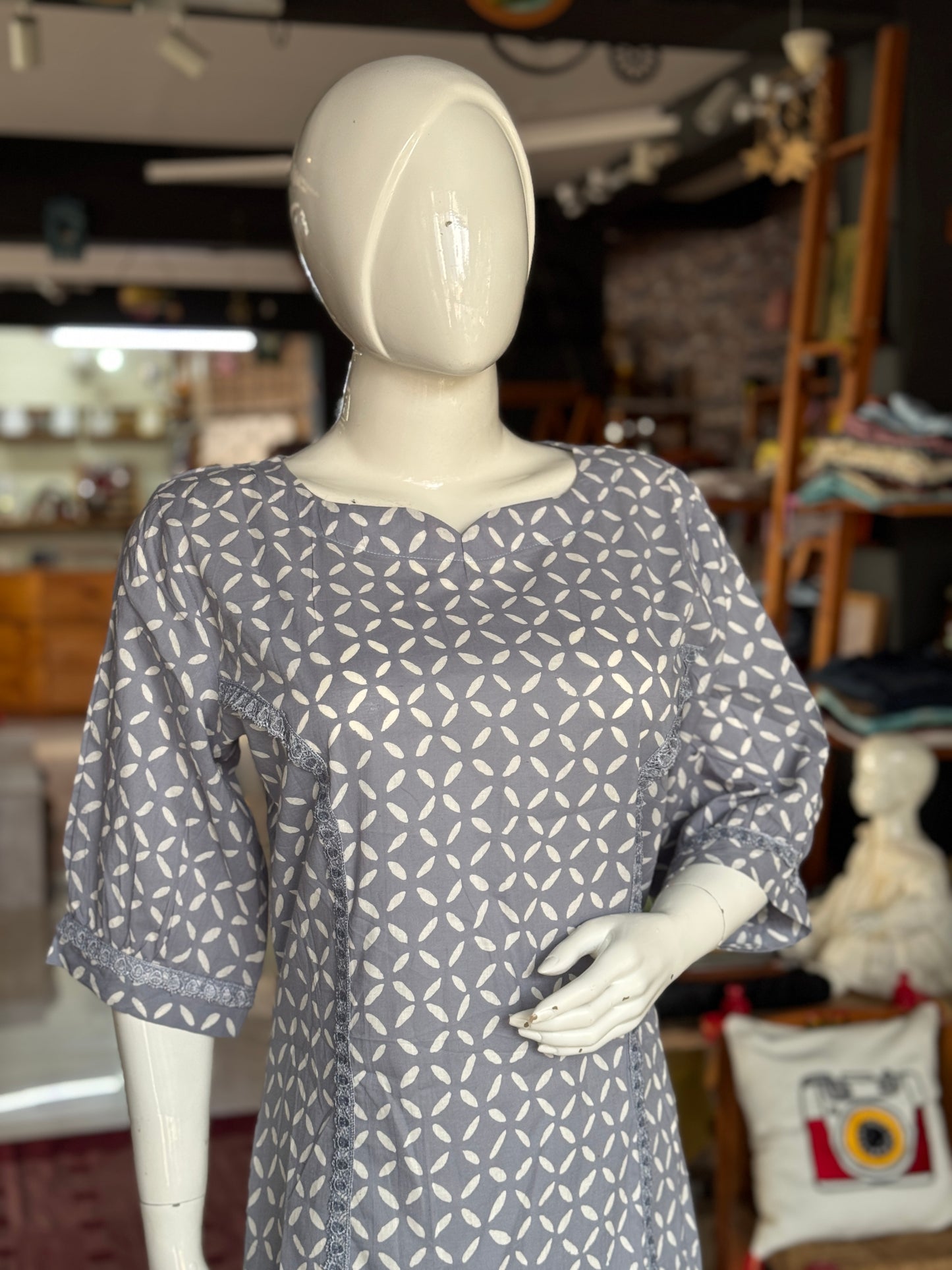 Grey hand block printed cotton A-line dress / kurti with lace details