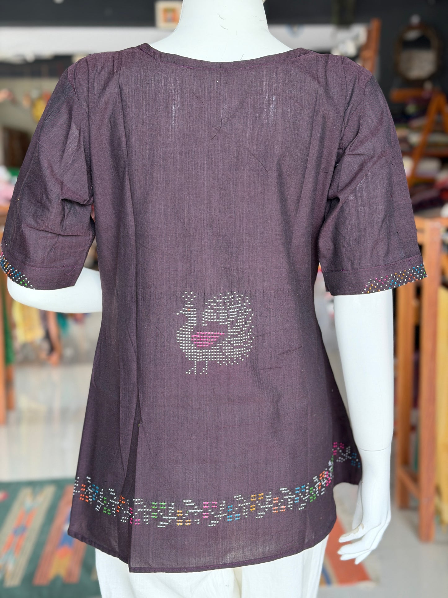 Brown Tangaliya handloom cotton top with deers n flowers motifs