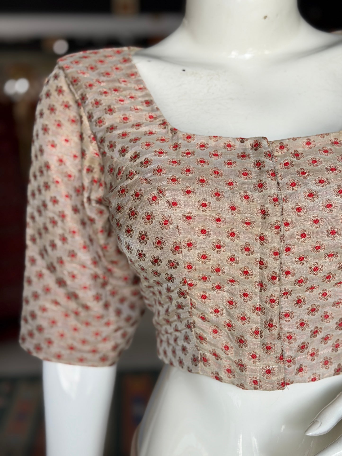 Cream handwoven silk blouse with gold and red flower butis