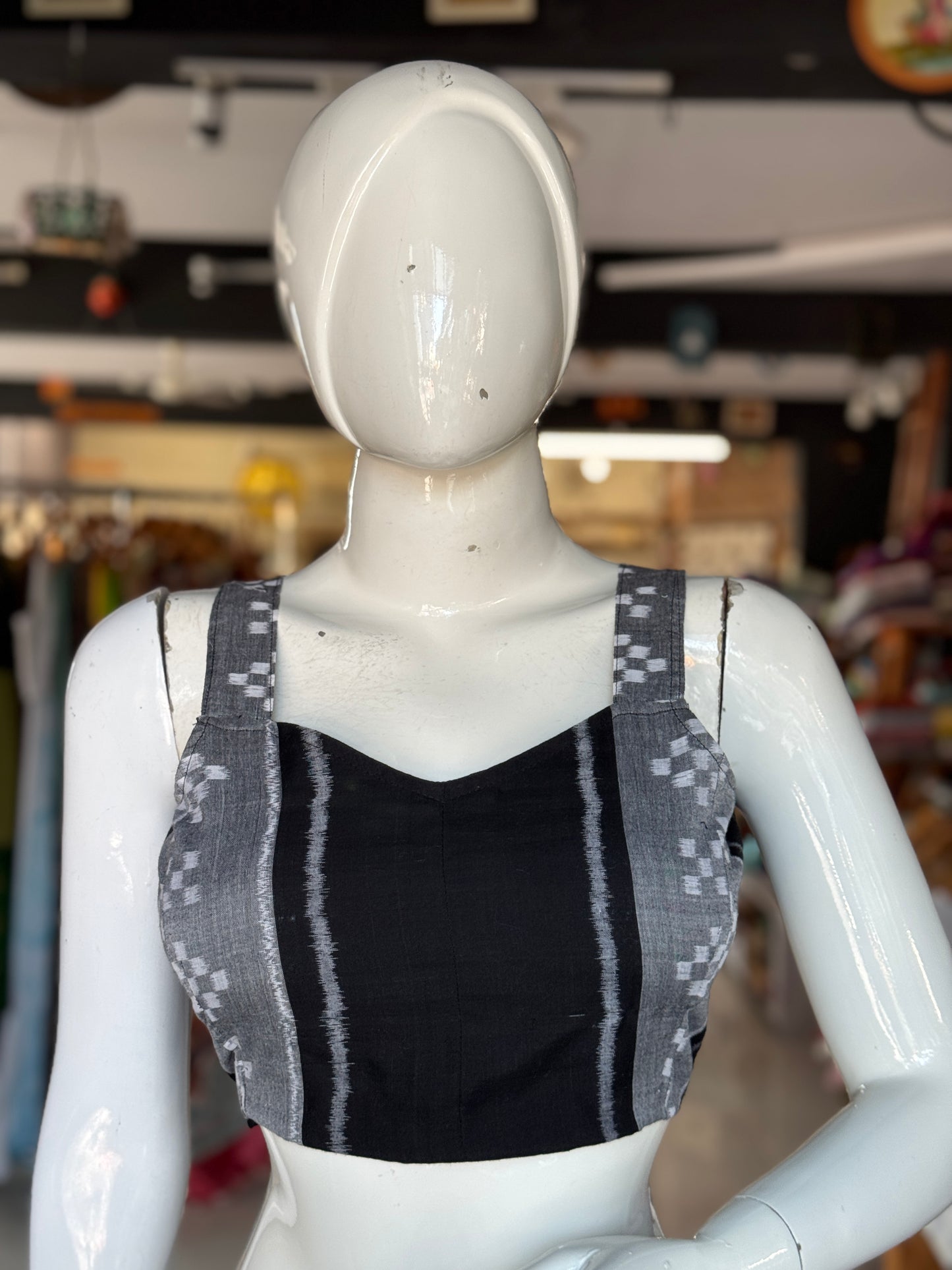 Grey and black ikat mercerized cotton sleeveless handloom blouse
