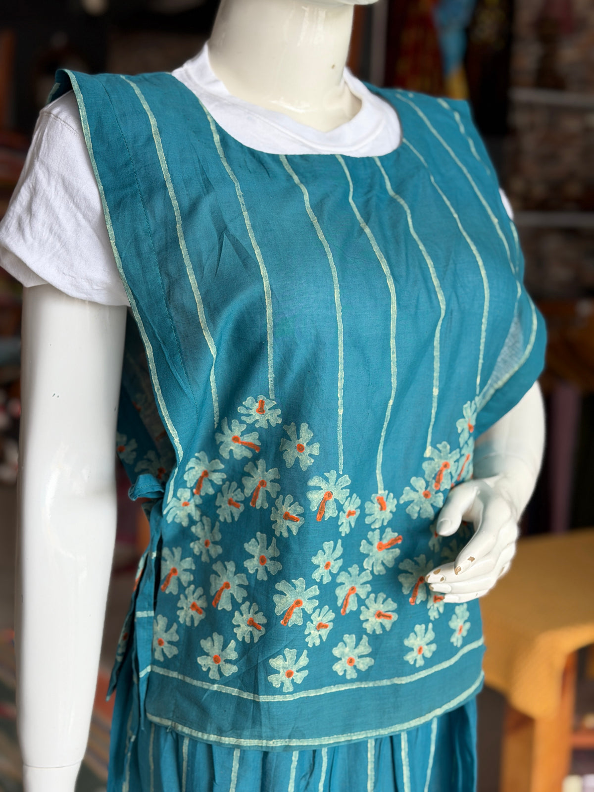 Parijat flower hand block printed cotton free size side ties poncho style layering top