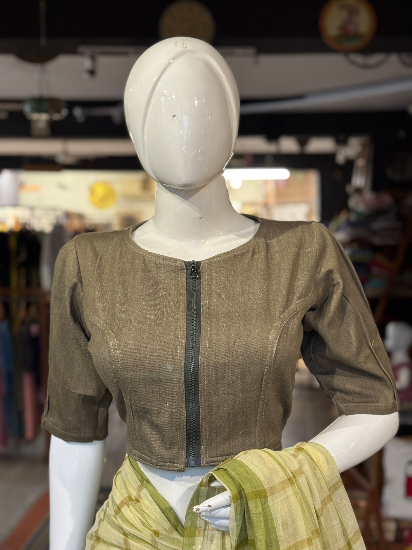 Green denim jacket zipper blouse - hand woven, natural dyed denim with zipper, wear it like a blouse, crop top or a jacket