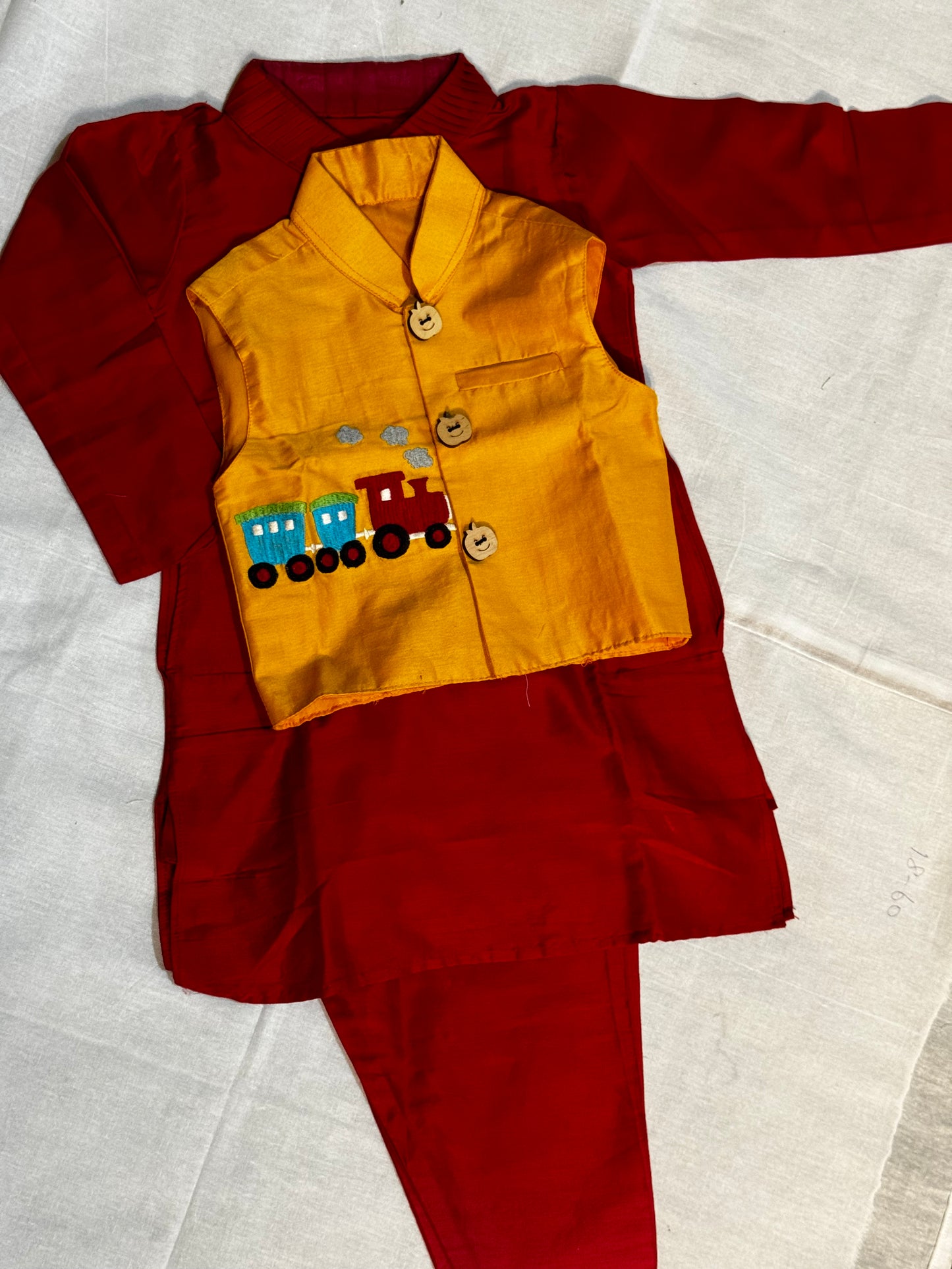 Yellow train embroidered jacket, red long kurta, chudidhar pants - 3 piece ethnic set for boys