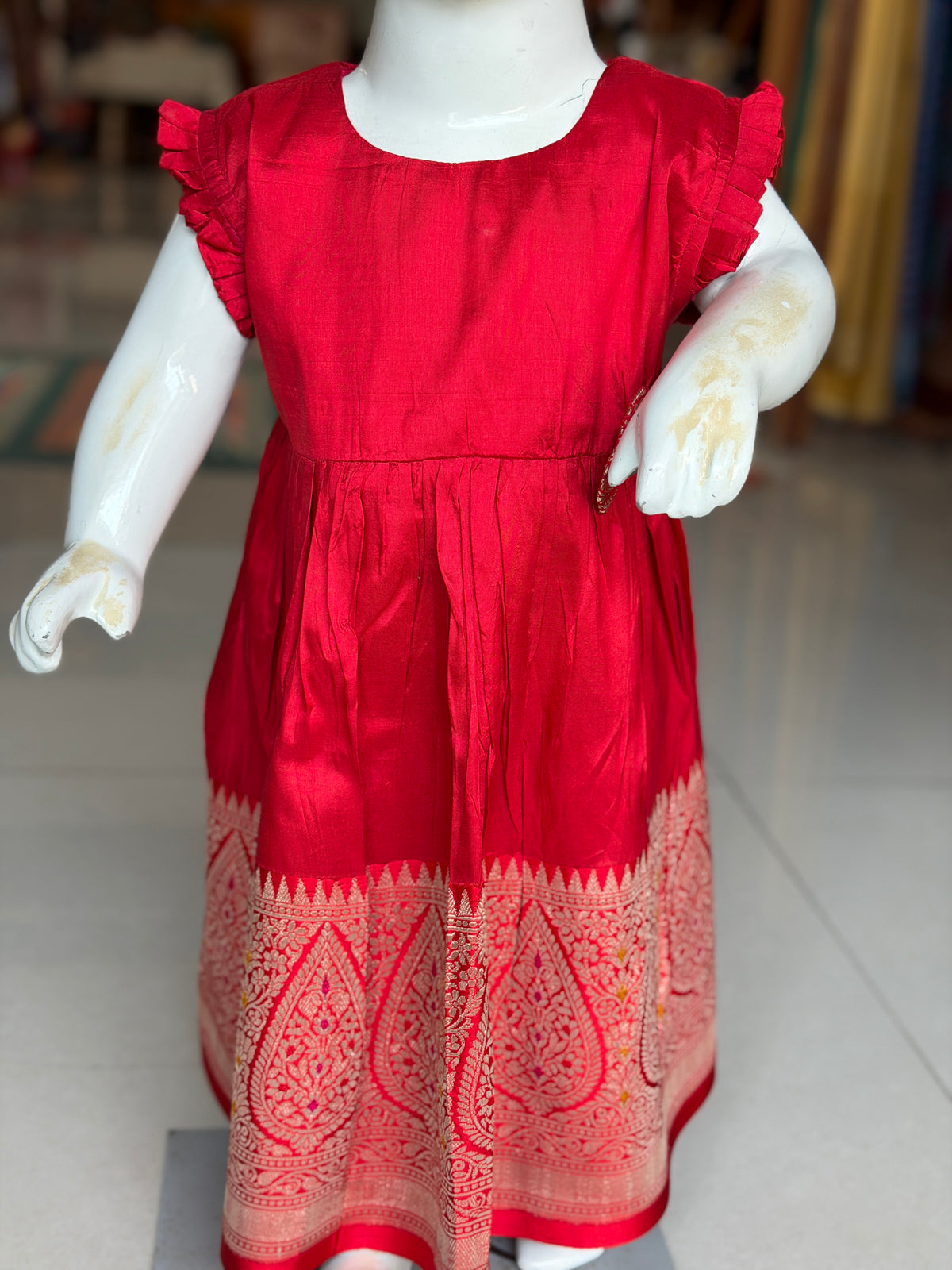 Red pure silk hand woven frock for girls