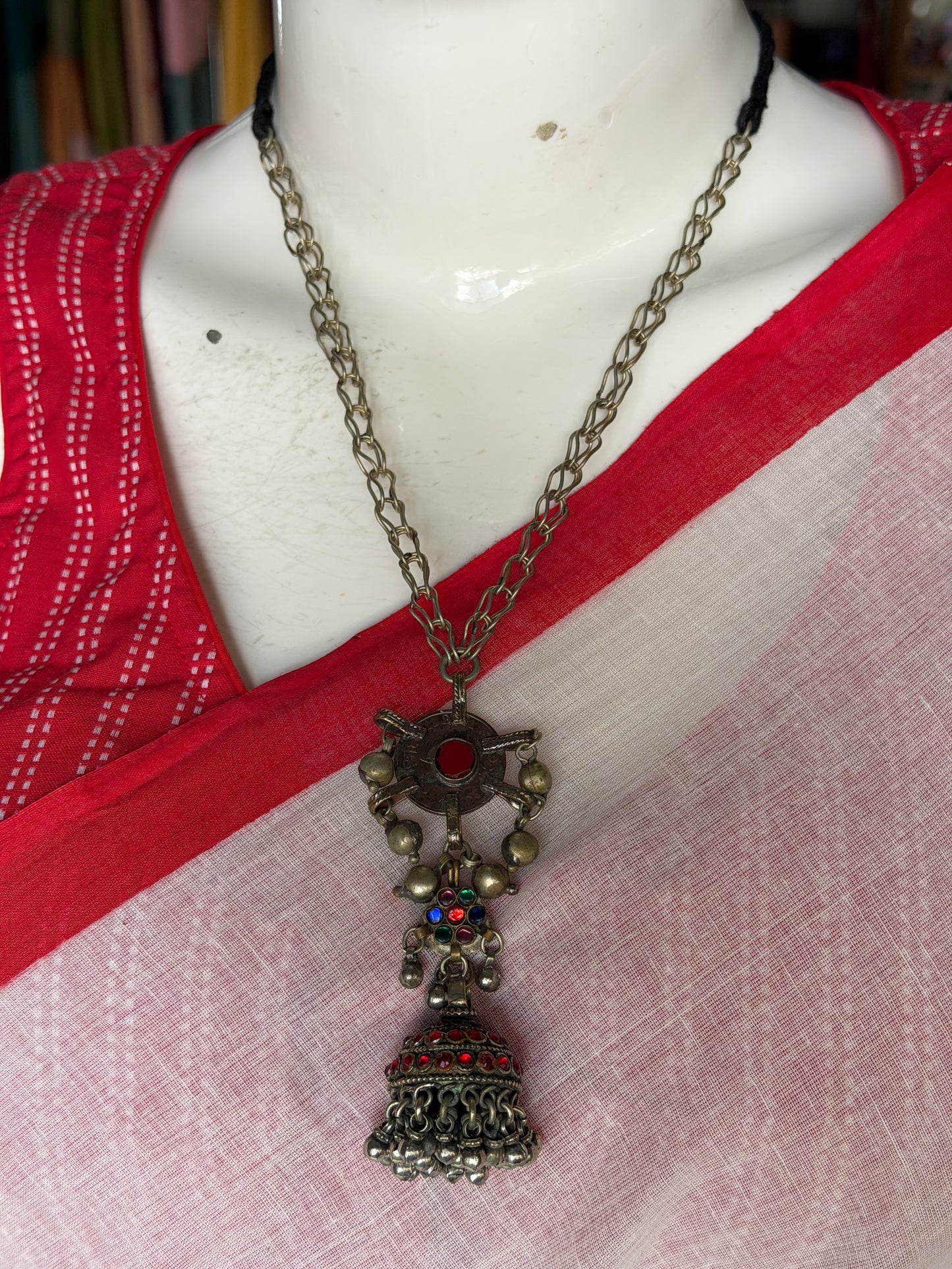 Jhumki with pink stones pendant and big links chain handcrafted necklace