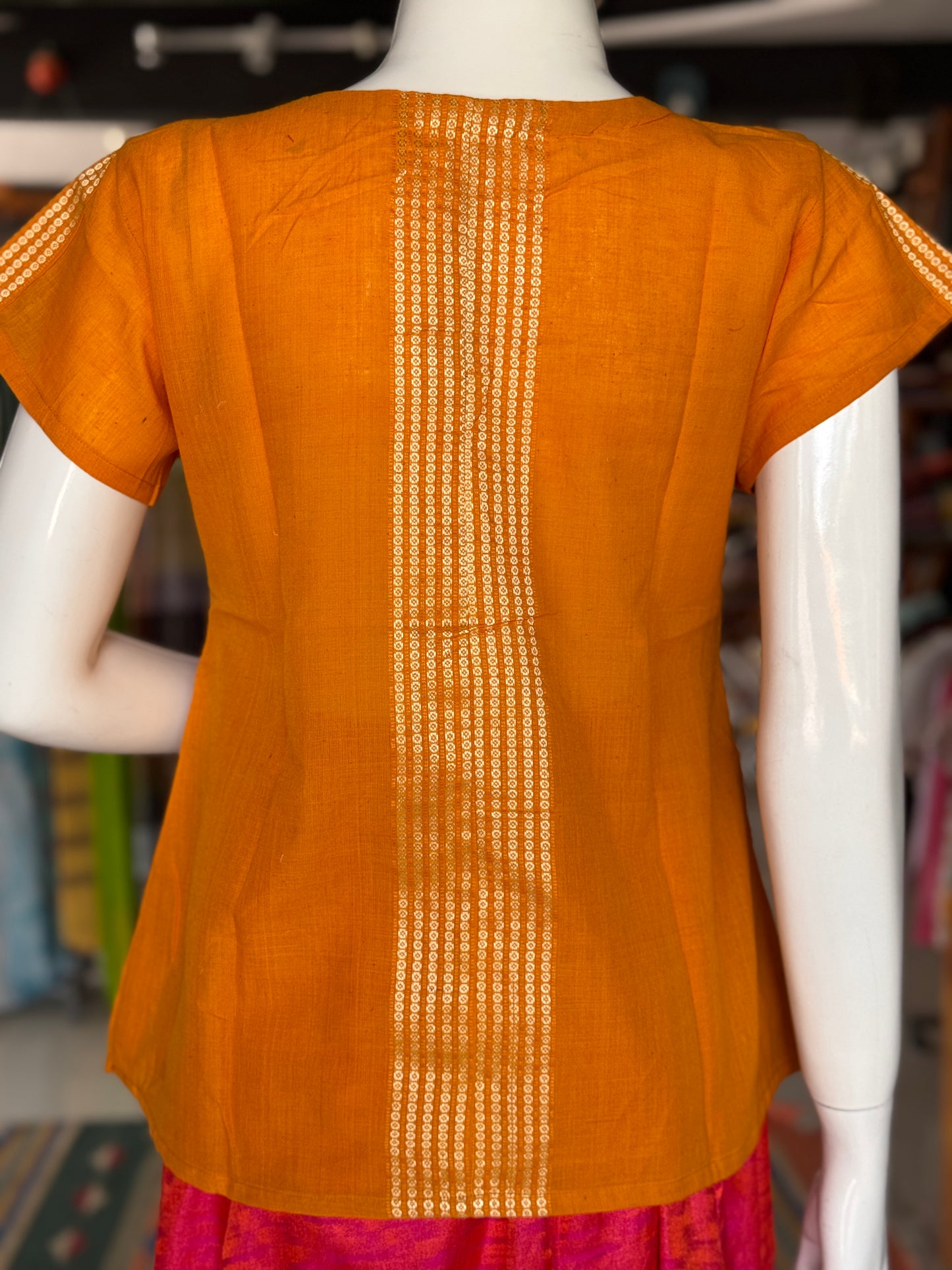 Yellow peacocks hand painted, handwoven cotton top