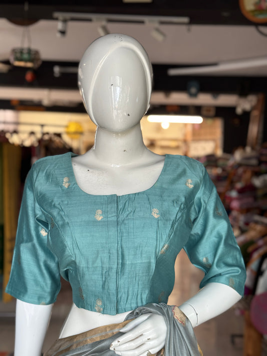 Pastel blue hand woven pure silk blouse with flower butis - front open, with lining