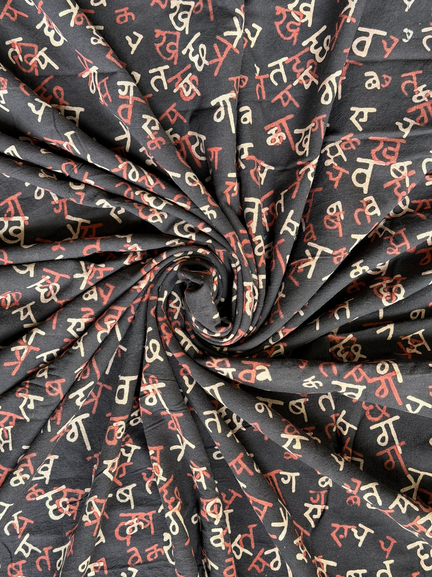 Devanagari script / Hindi Akshara Mala - Black cotton fabric with natural dyed , hand block prints