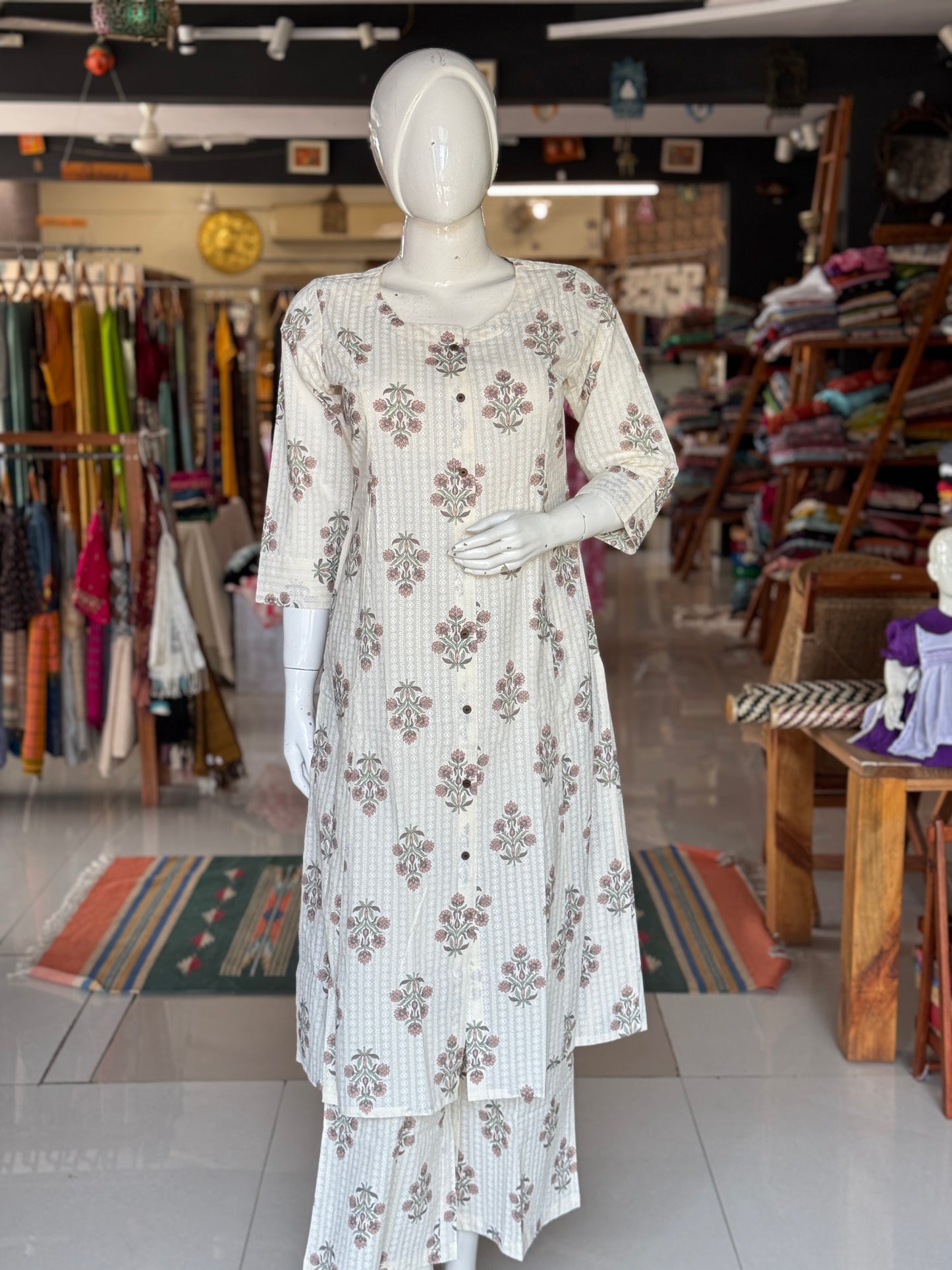 Off white floral cotton kurta and pants - coord set