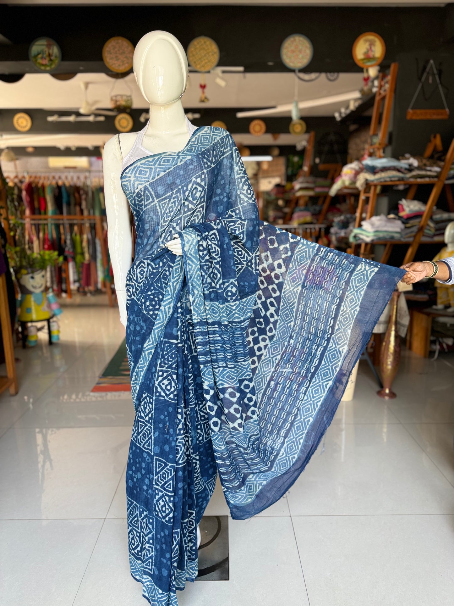 Indigo kota cotton hand block printed saree