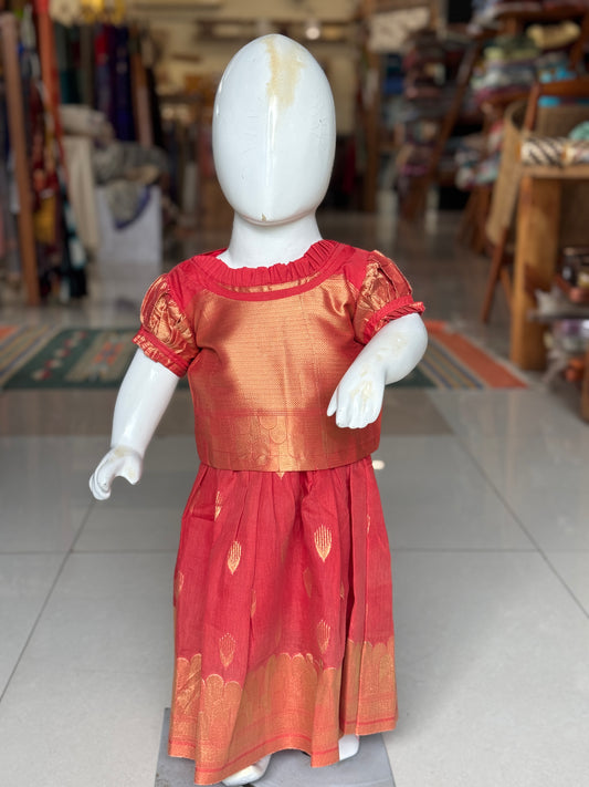 Red Banarasi cotton lehenga (langa jacket) with frill neckline blouse set