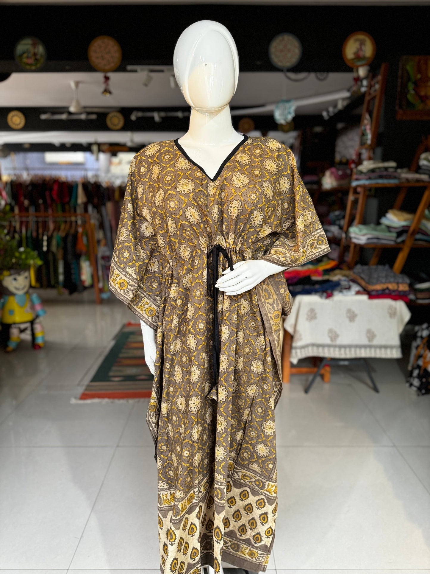 Hand block printed cotton long kaftan nighty