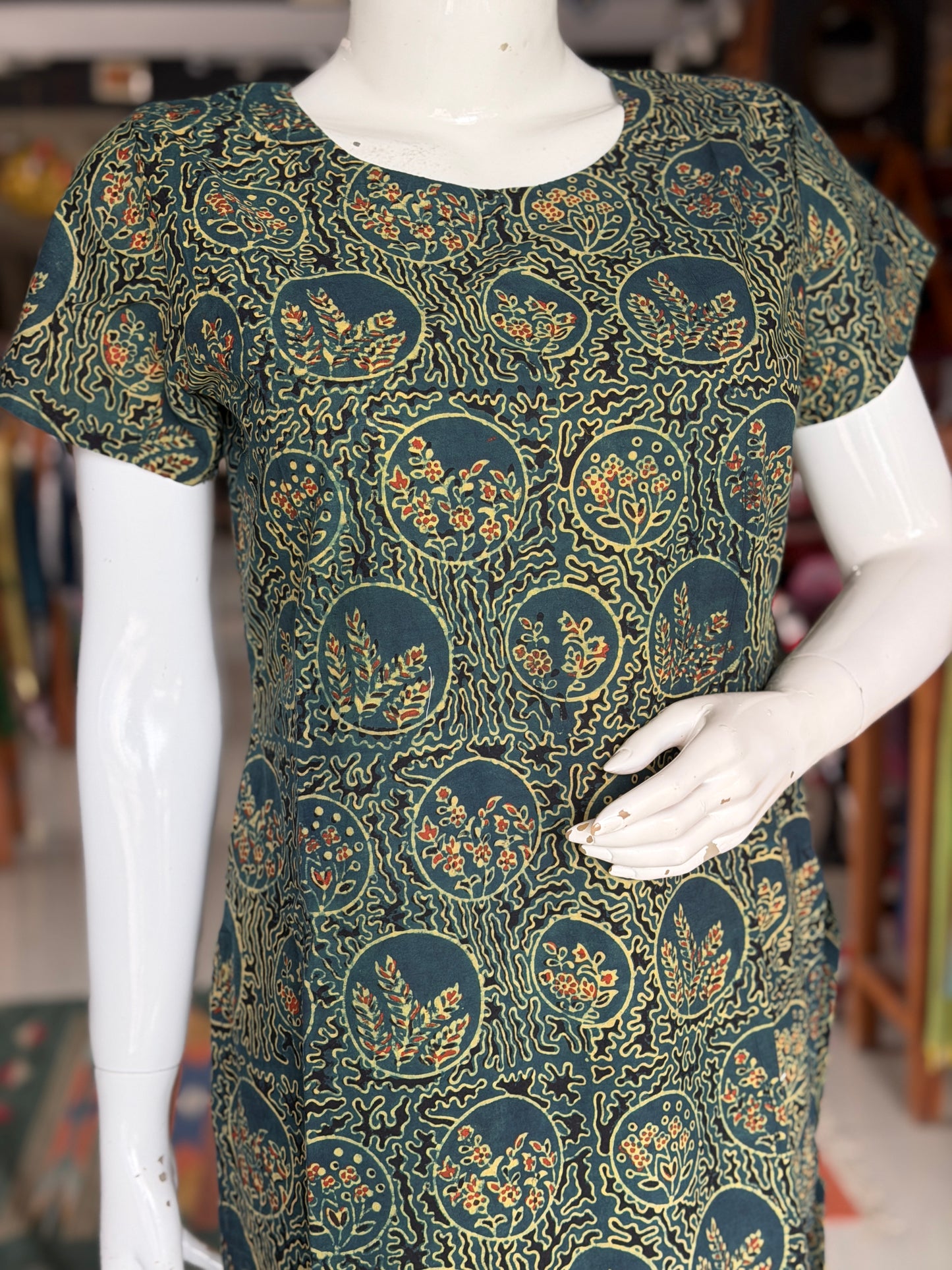 Dark green Ajrakh hand block printed cotton straight kurti