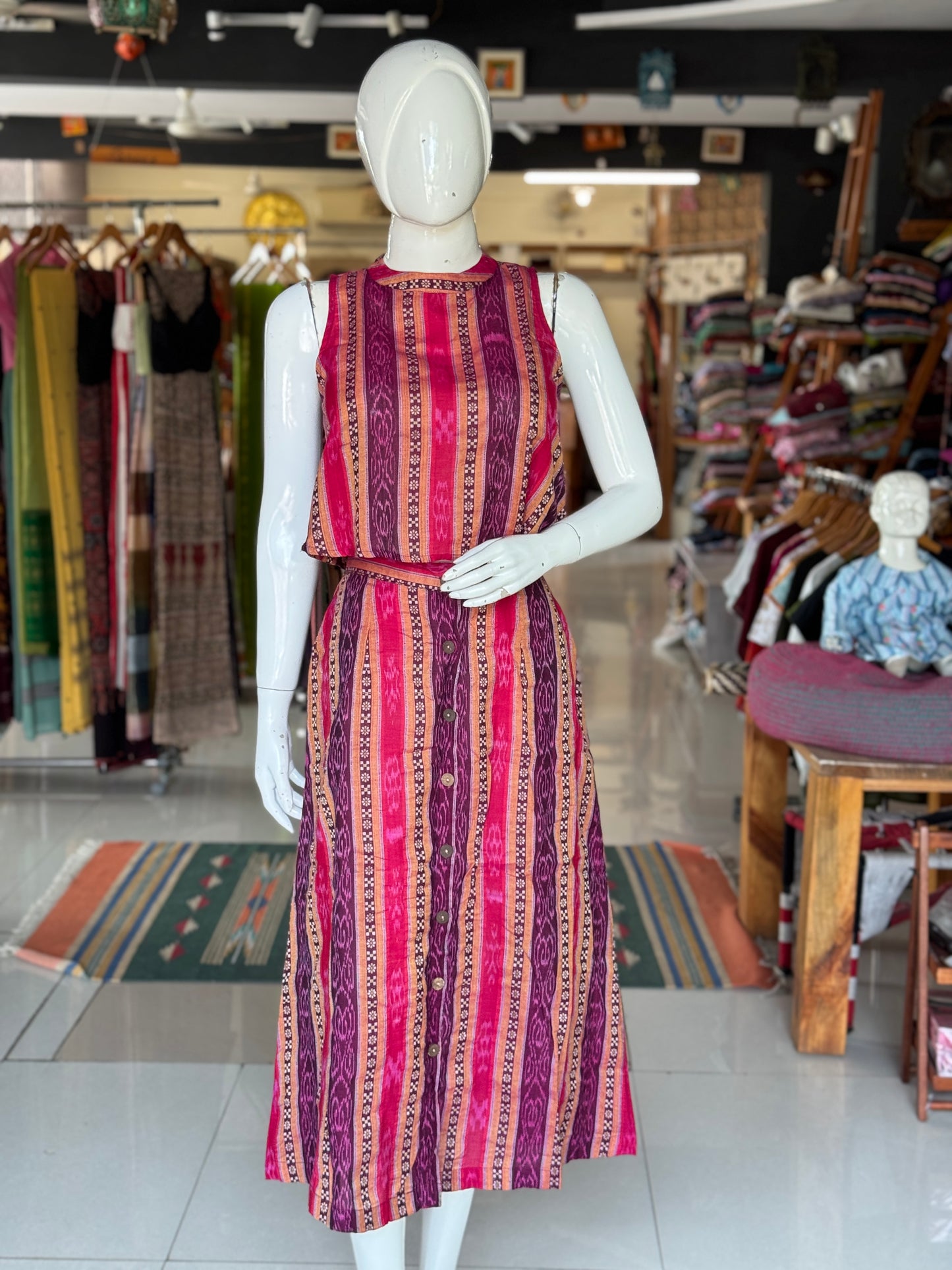 Red and purple ikat handwoven cotton coord set with sleeveless crop top and skirt with front buttons detailing