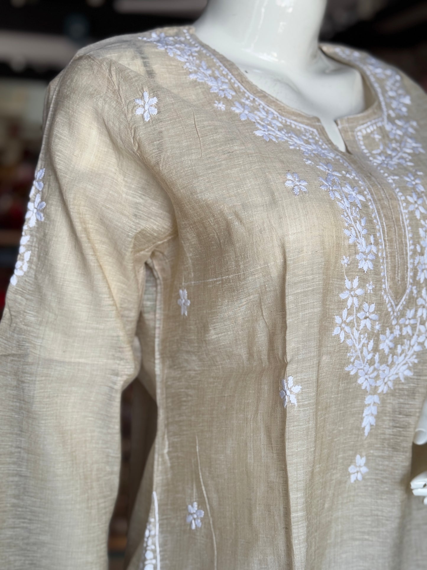 Beige Chikankari hand embroidered cotton short kurta for women