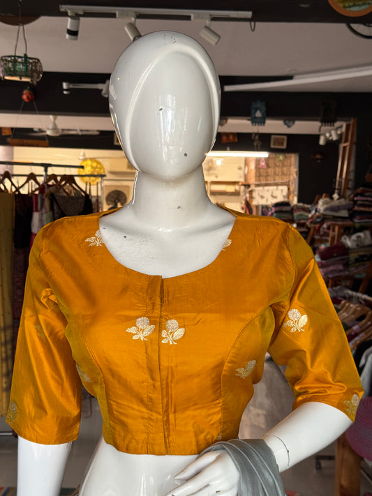 Mustard yellow hand woven pure silk blouse with flower butis - front open, with lining