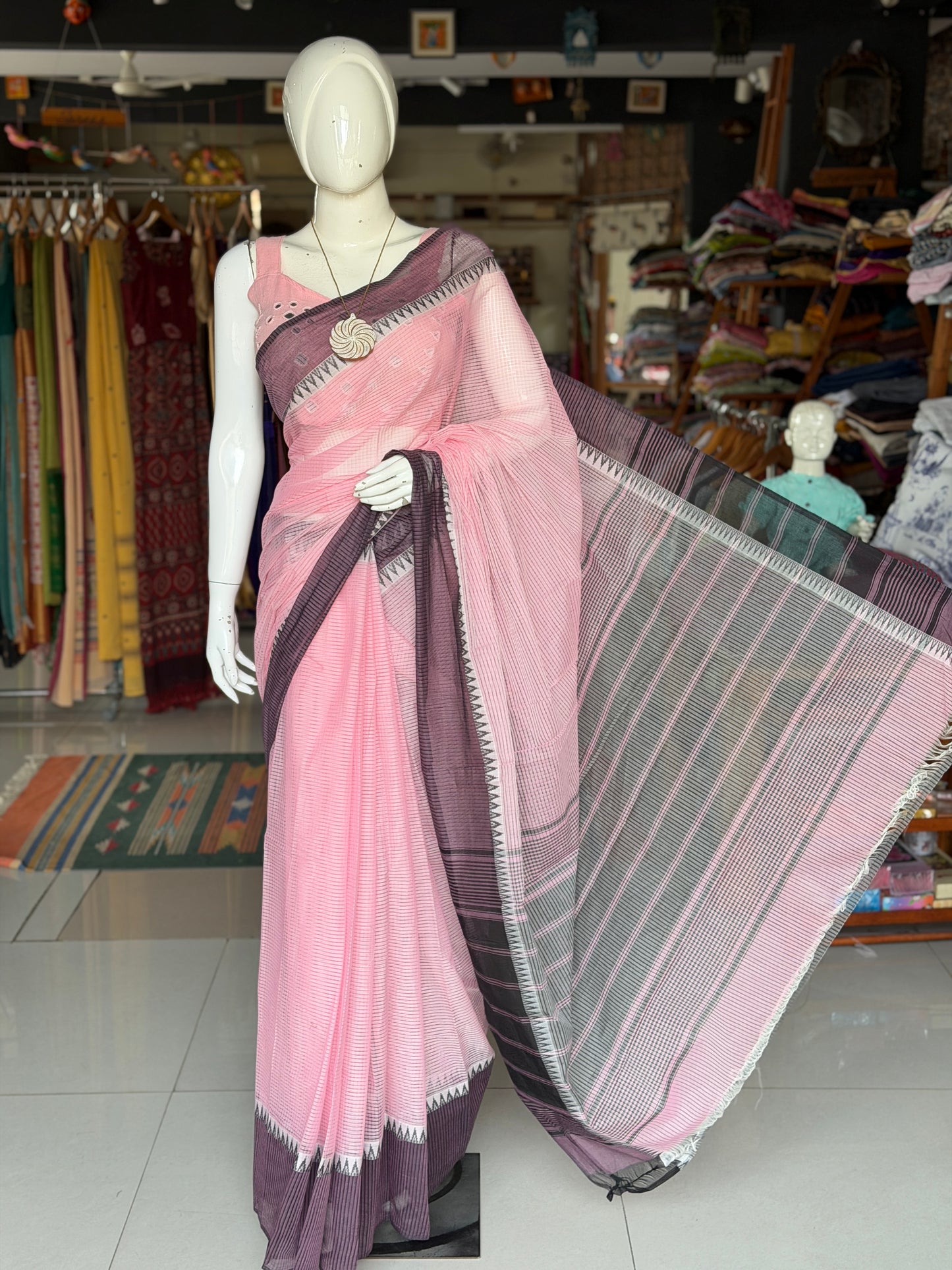 Light pink and purple Mangalagiri handloom missing checks cotton saree with temple border
