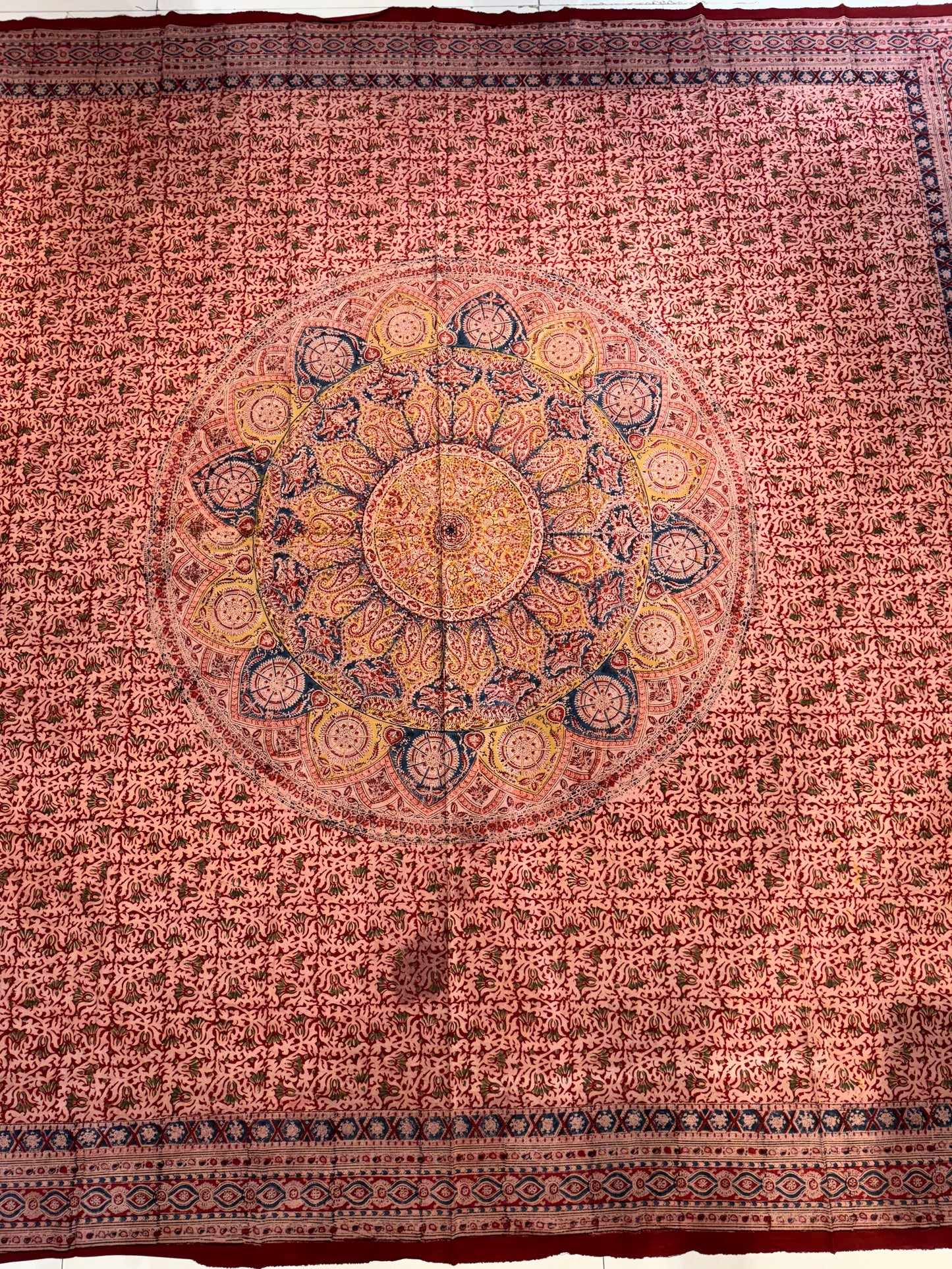 Circular center design Kalamkari hand block print 94 x 94 king size bedsheet