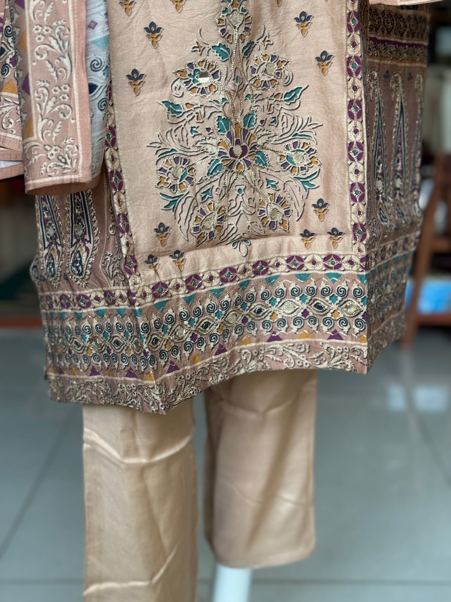 Sandal beige tone muslin embroidered 3 piece suit set - festive wear set