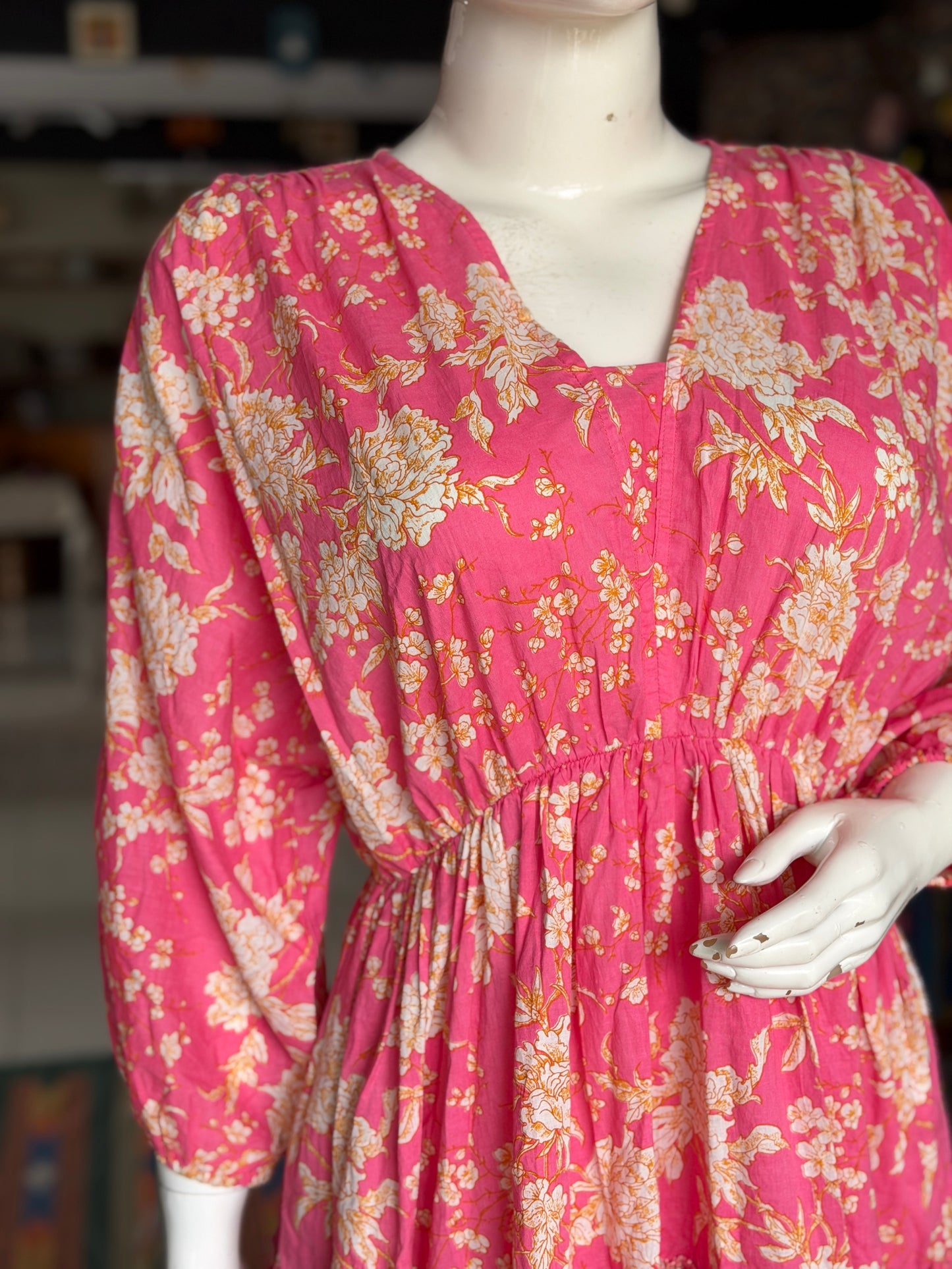 Pink floral cotton knee length tiered frills dress - free size with elastic waist