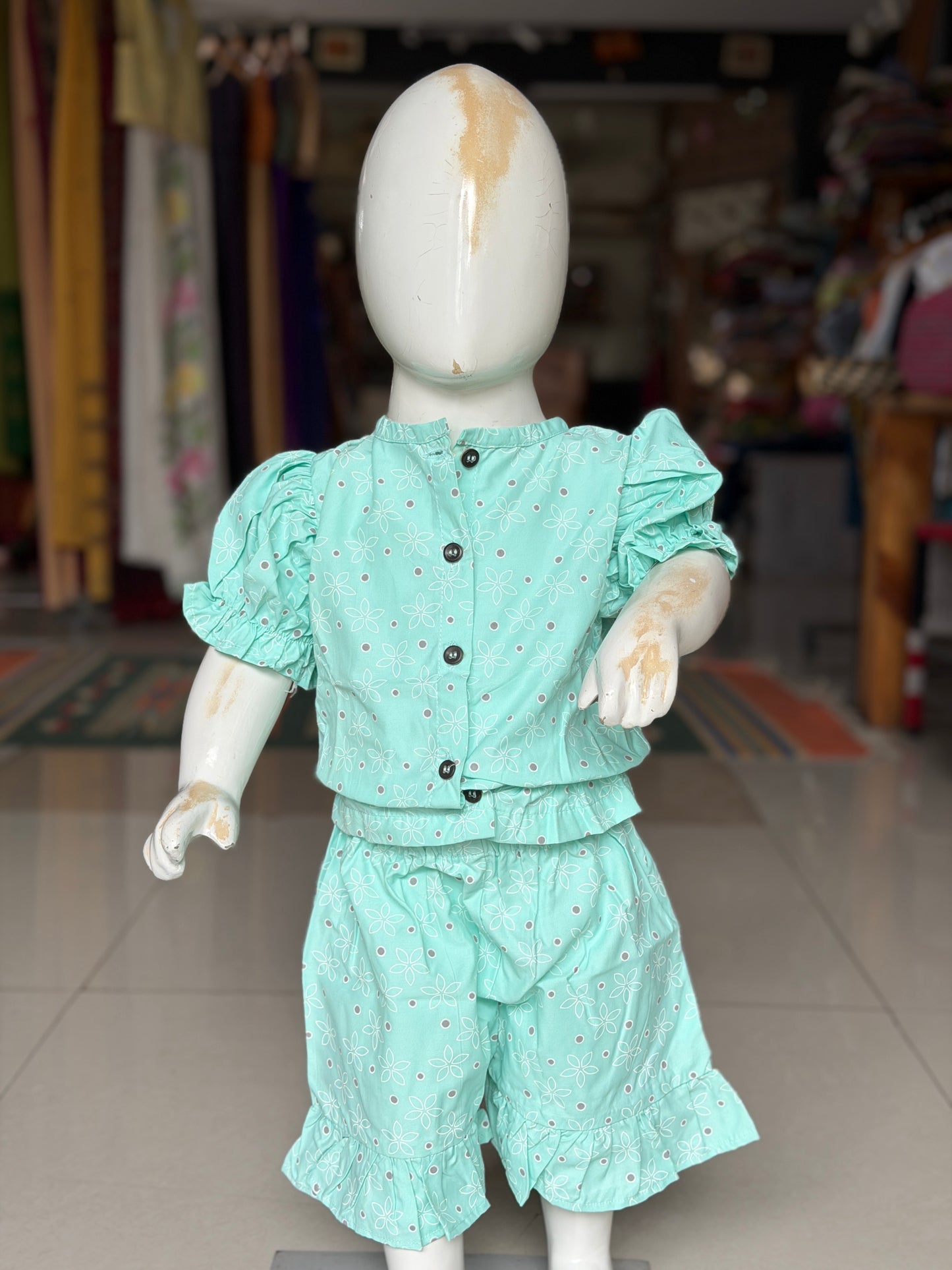 Pastel bluish green elasticated top and shorts coord set for little girls