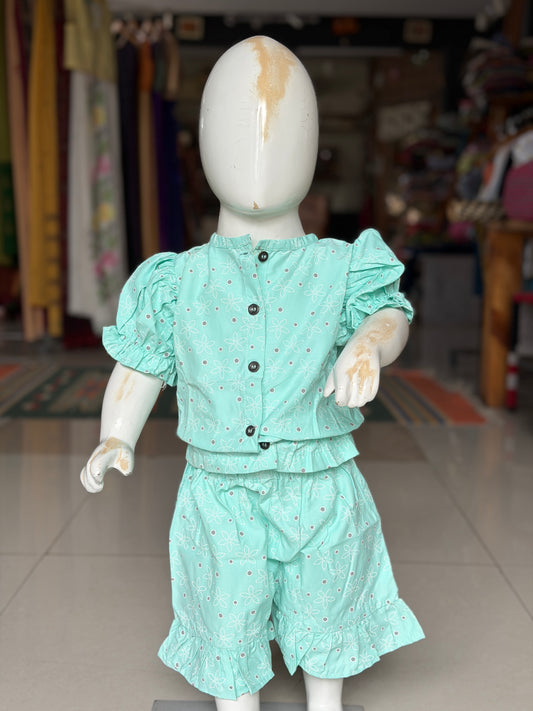Pastel bluish green elasticated top and shorts coord set for little girls